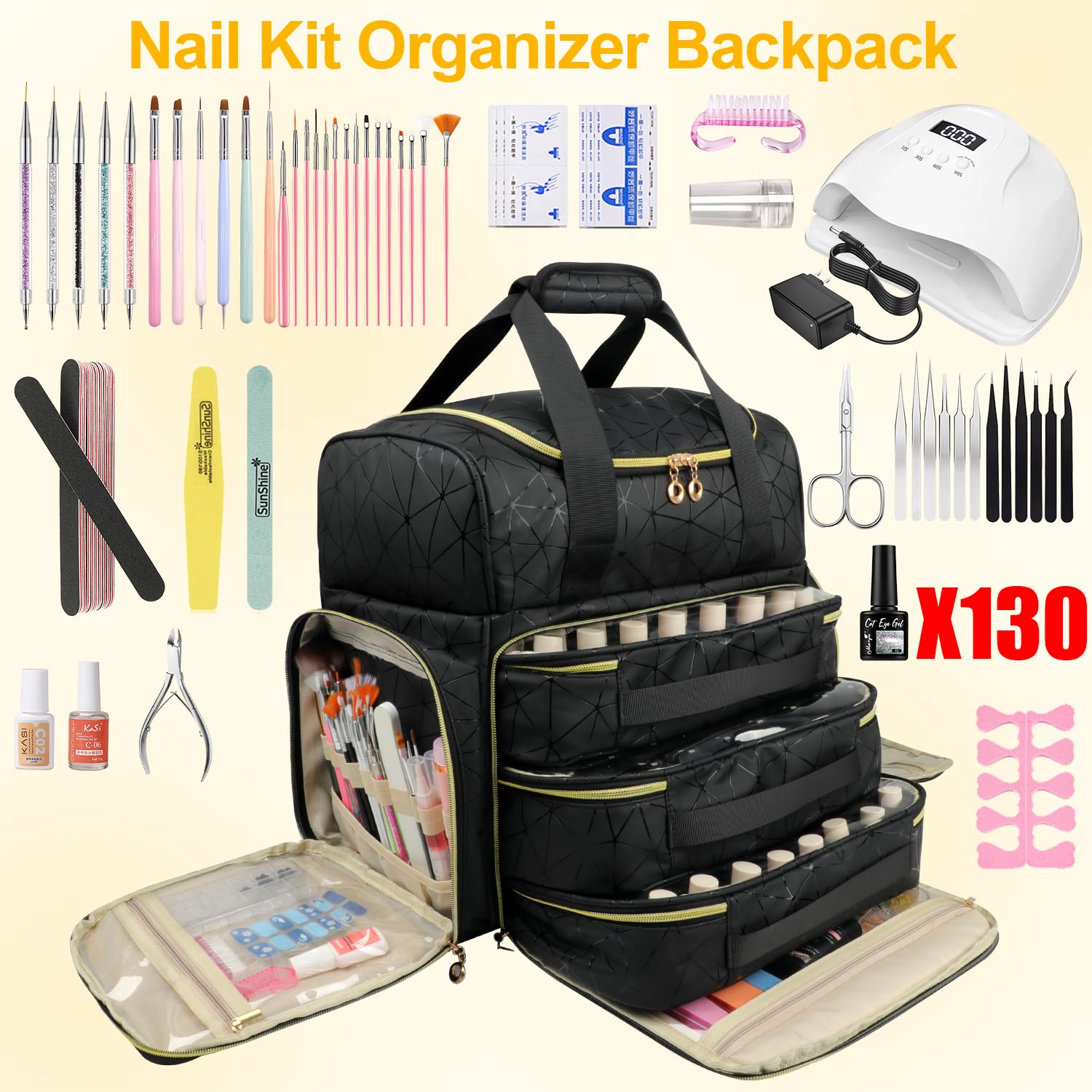 Nail Polish Organizer Backpack Holds 130 Bottles (15ml/0.5fl.oz)& Nail Lamp, Extra Large Nail Kit Storage Bag with 3 Removable Carrying Cases, Nail Tech Supplies Organizer Case for Women Black