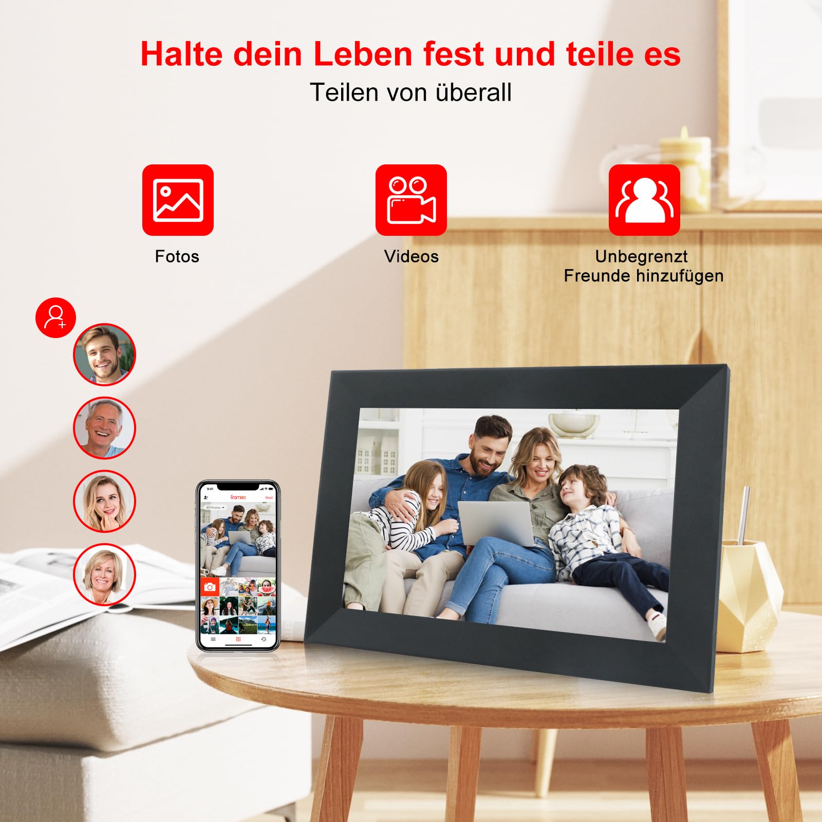 Frameo - Cadre photo numérique WiFi - 10,1" - Écran tactile IPS HD 1920 x 1200 cm - Avec 16 Go de mémoire - Partagez instantanément des photos de n'importe où via Frameo - Noir