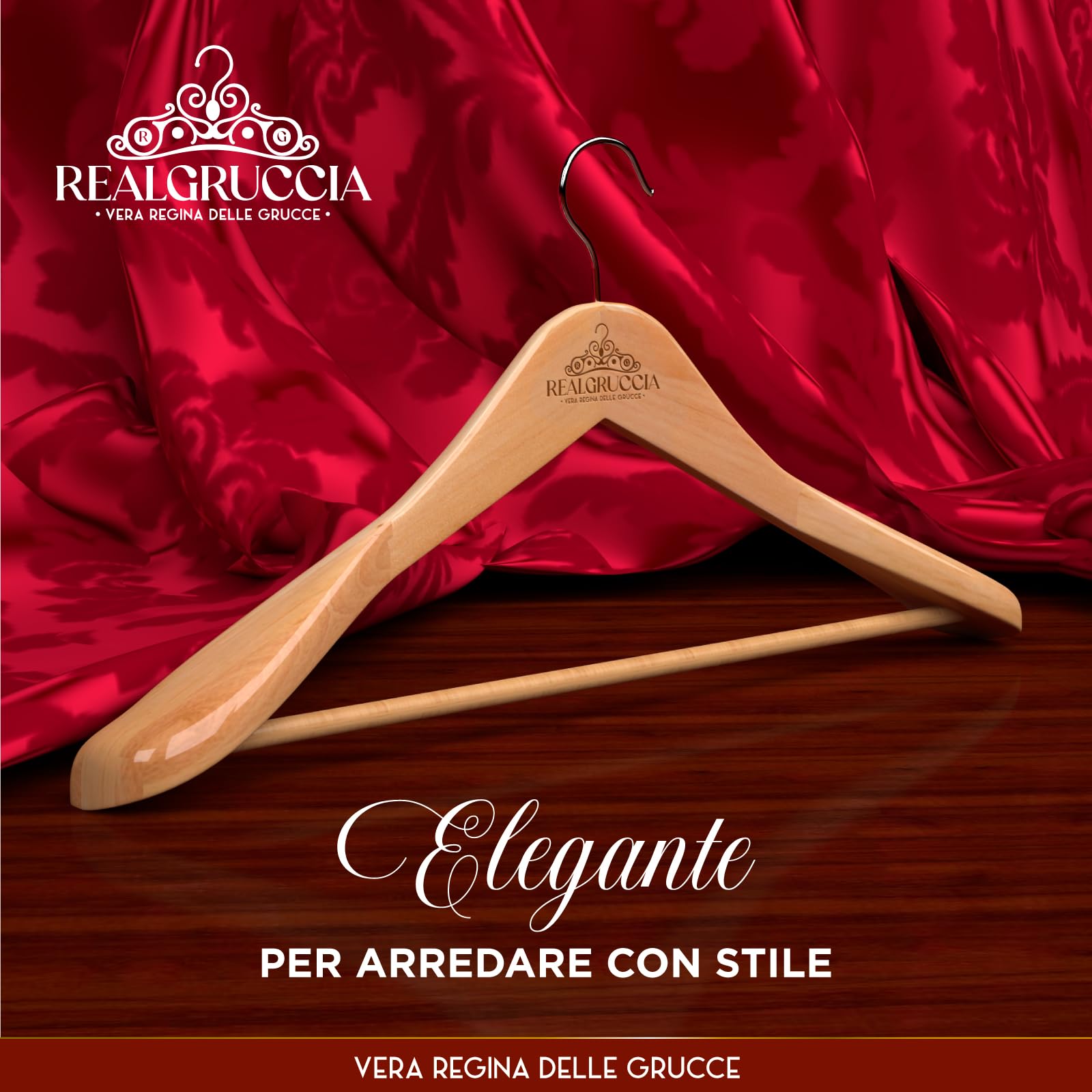 24 Grucce Appendiabiti in Legno Naturale per Vestiti Abiti Giacche Camicie - RealGruccia Barra porta Pantaloni e Spalla Larga con Gancio Girevole 360° - Finitura Lucida e Profilo Smussato - 24x45cm