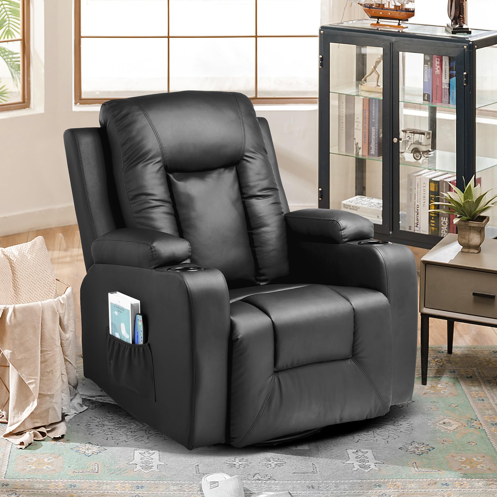GTPLAYER Sillón de Relax con Respaldo Regulable y Reposapiés, Giratorio 360° en PU, Portavasos y Bolsillos Laterales, Silla Inclinable para TV, Silla de Lectura para Dormitorio, Negro