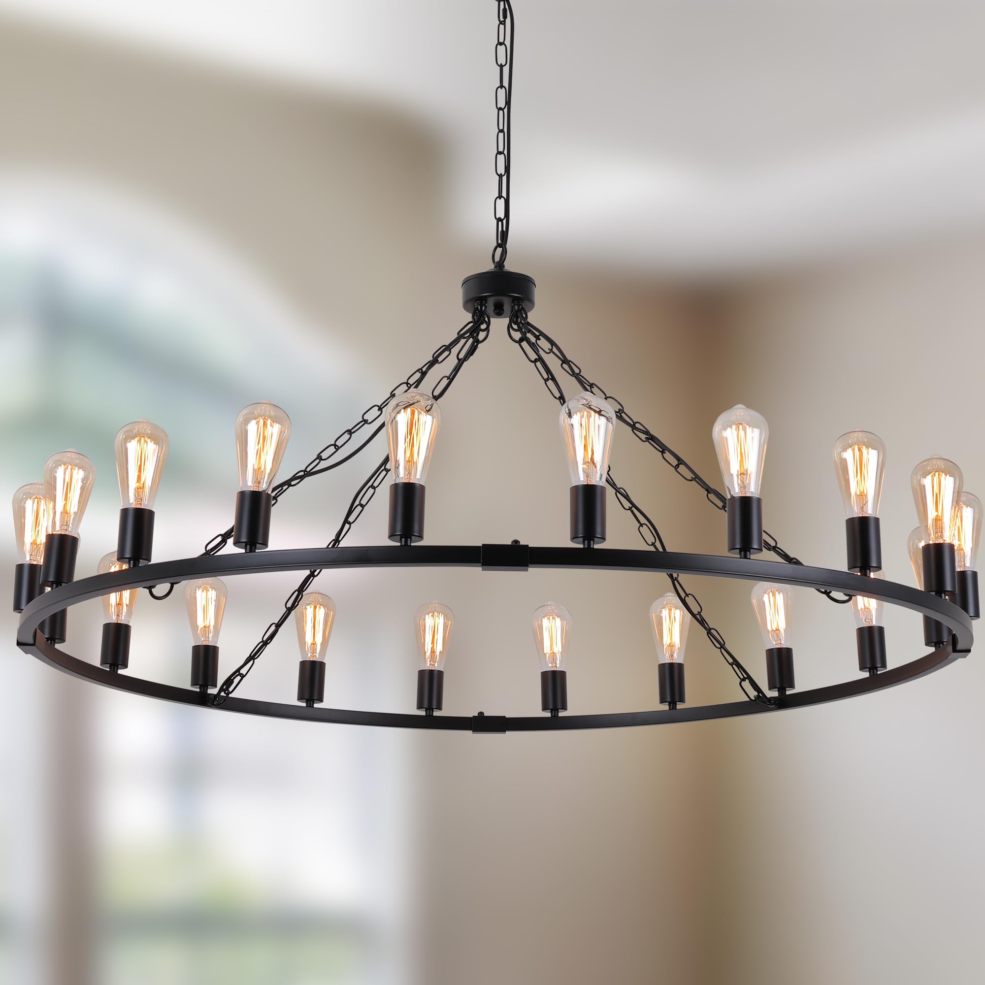 Eoodis Wagon Wheel Chandelier 120cm Metal Round Chandeliers Ceiling Light for Kitchen, Living Room(20 Lights Black)