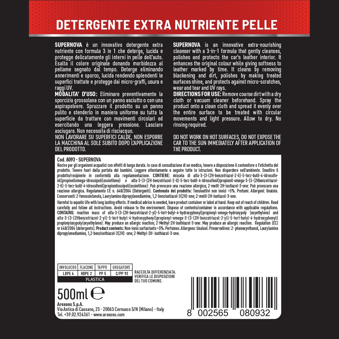 Arexons Car Care Pro SUPERNOVA - Detergente Pelle Extra Nutriente, Lucida e Protegge Interni in Pelle, 500ml