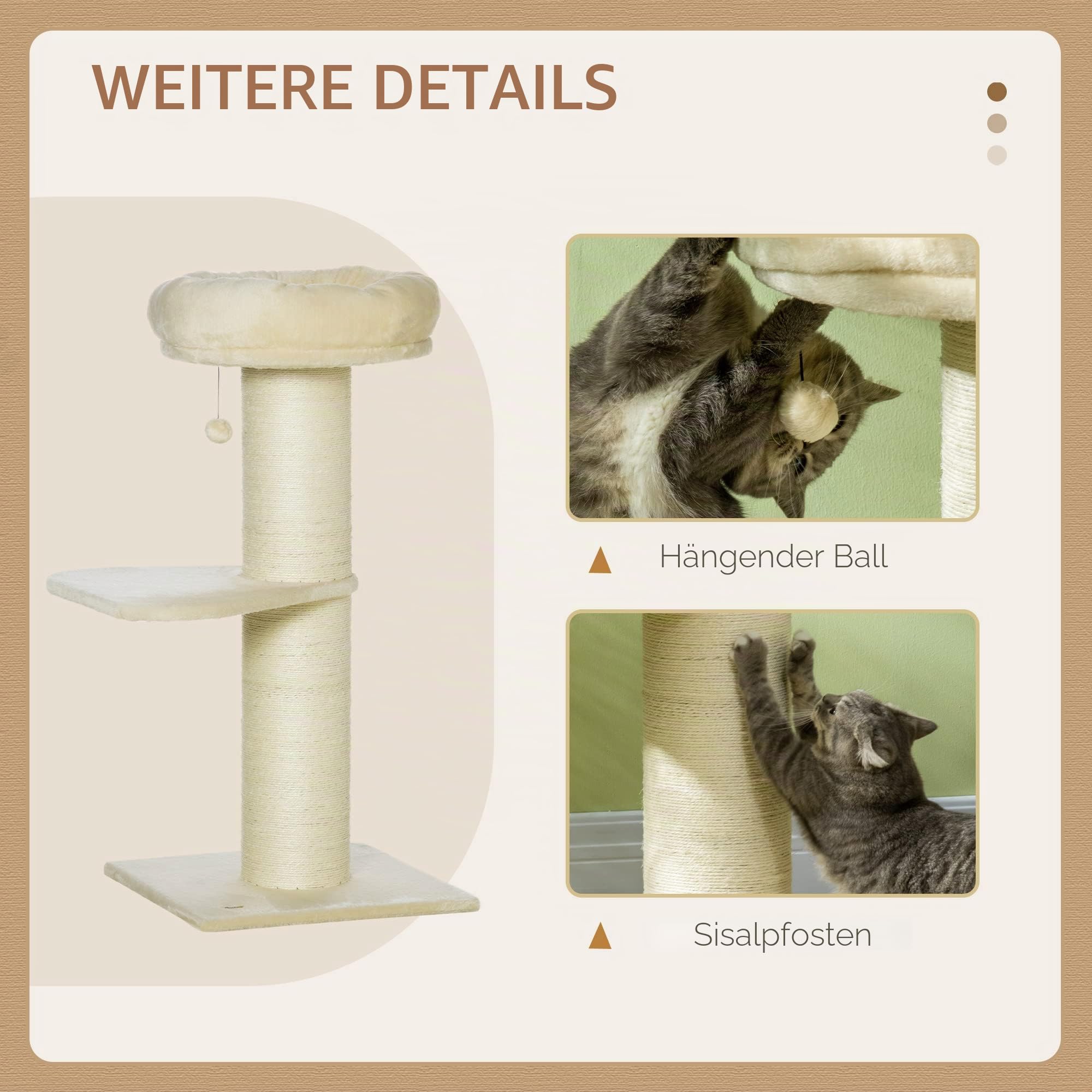 PawHut Kratzbaum für Katzen, mit Sisalpfosten, Plattform und Bommel zum Aufhängen, mit Plüsch, Beige