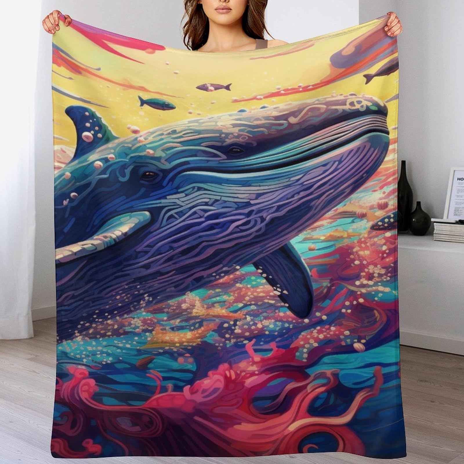 Couverture en polaire de flannel imprimée motif baleine, cadeau de naissance idéal