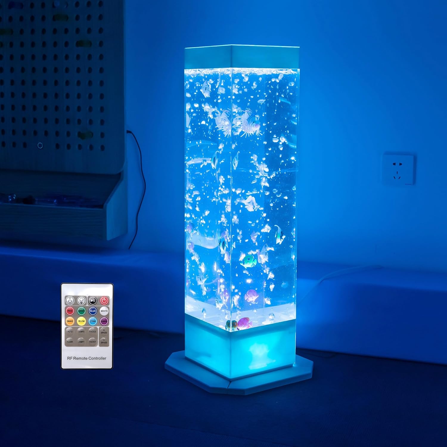 Customizable Soothing Bubble Fish Tank with Remote Control – Sensory-Friendly Water Column Light on Stable White Wooden Base – Ideal for Sensory Rooms, Relaxation, and Stress Relief (32Inch)