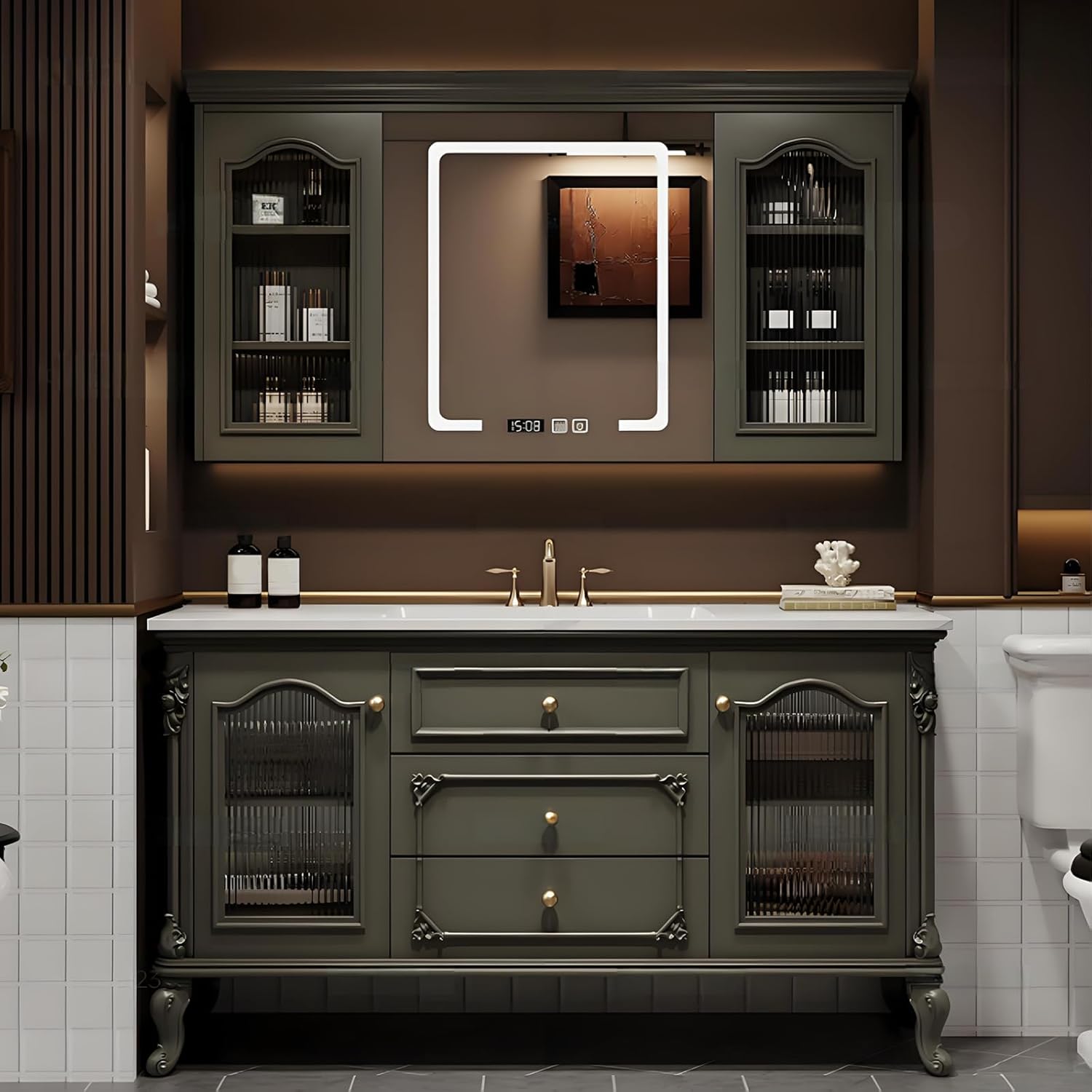 56IN Bathroom Vanity with Sink - Modern Elegant Solid Wood Bathroom Vanity Cabinet, Floor-Standing, Multi-Storage, Fog-Free Mirror, Seamless Rock Slab Basin, Custom Sizes, Green