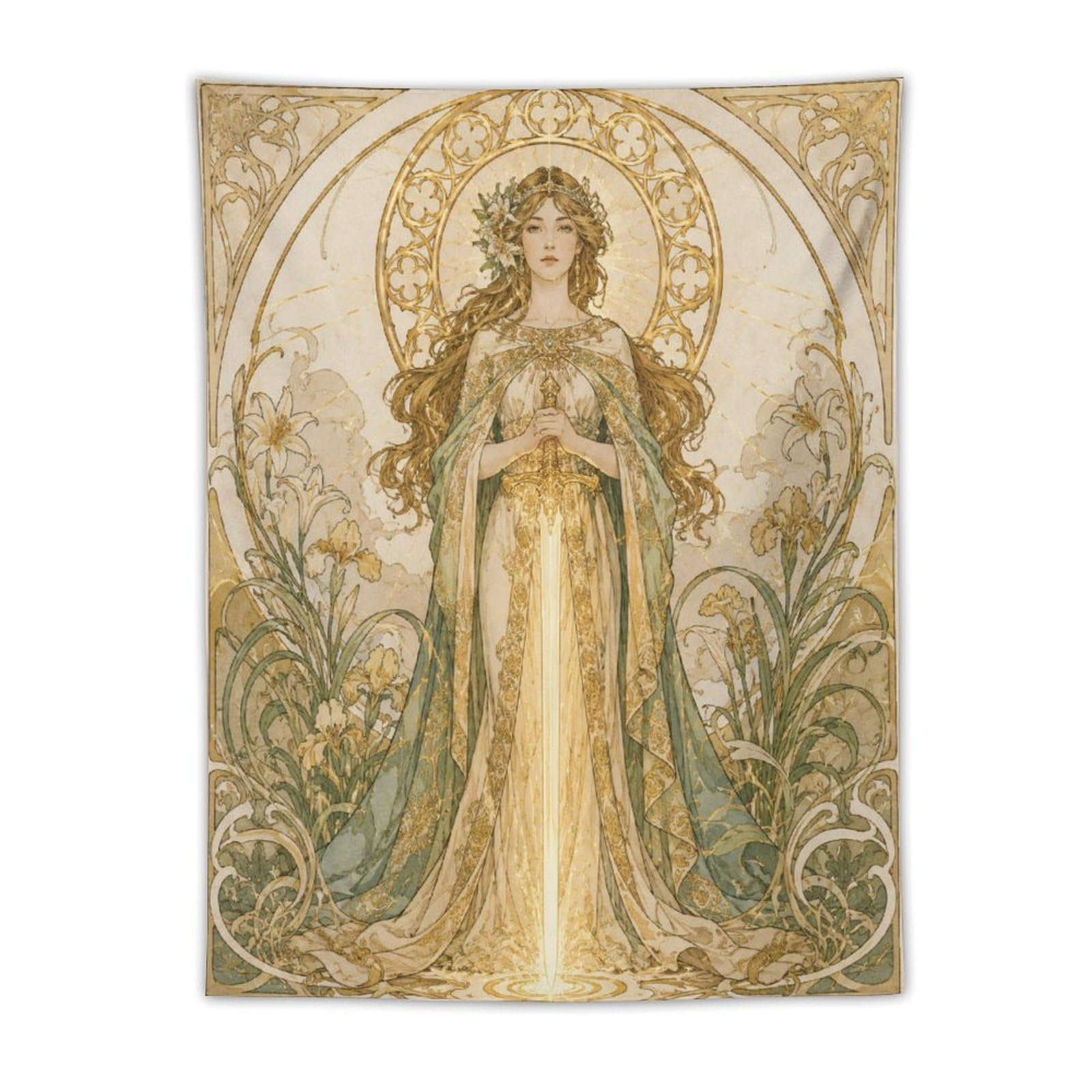 H3B8U2Y5 Golden Goddess Glowing Sword Wall Tapestry, Room Divider