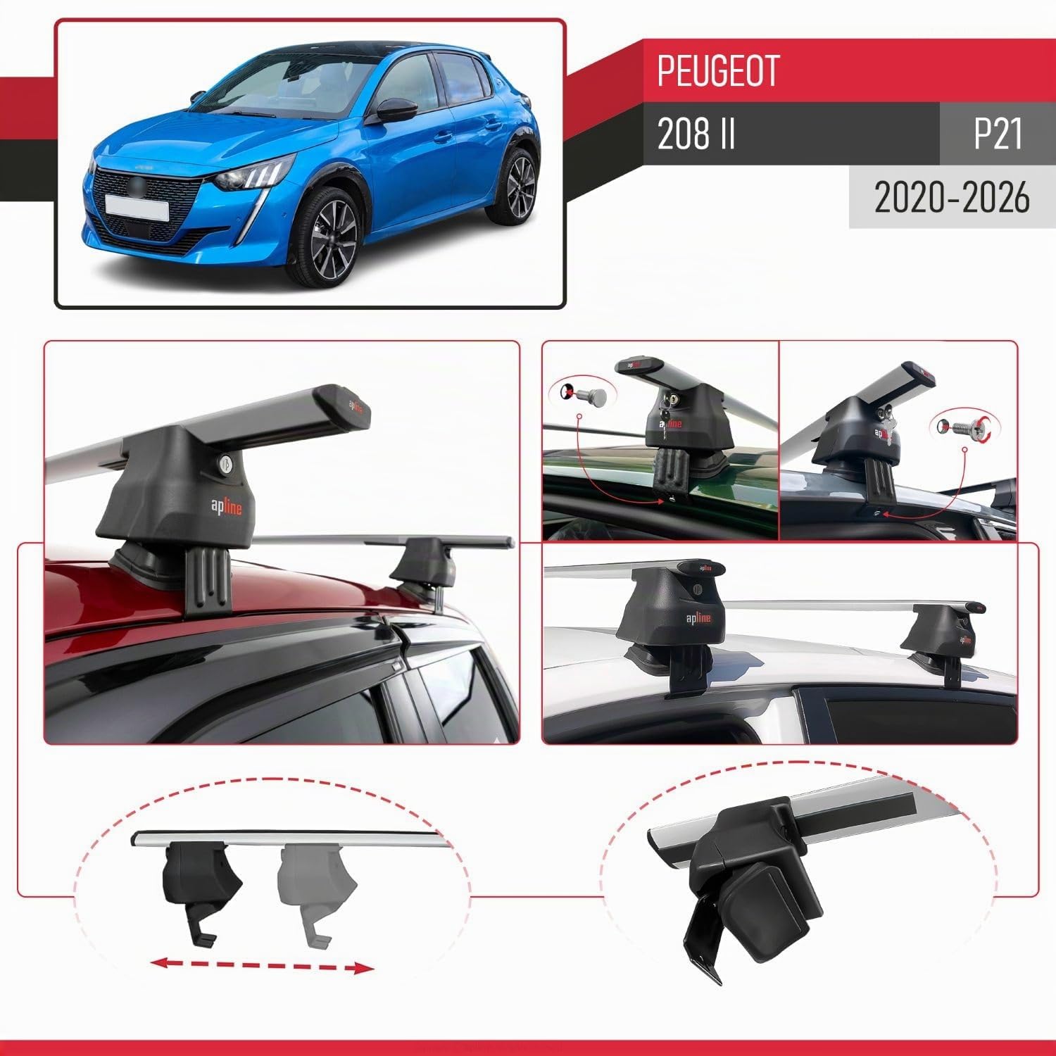 Compatible avec Peugeot 208 II (P21) 2020-2026 ACE-4 Barres de Toit Railing Porte-Bagages de Voiture Gris Aluminium 2 Barres