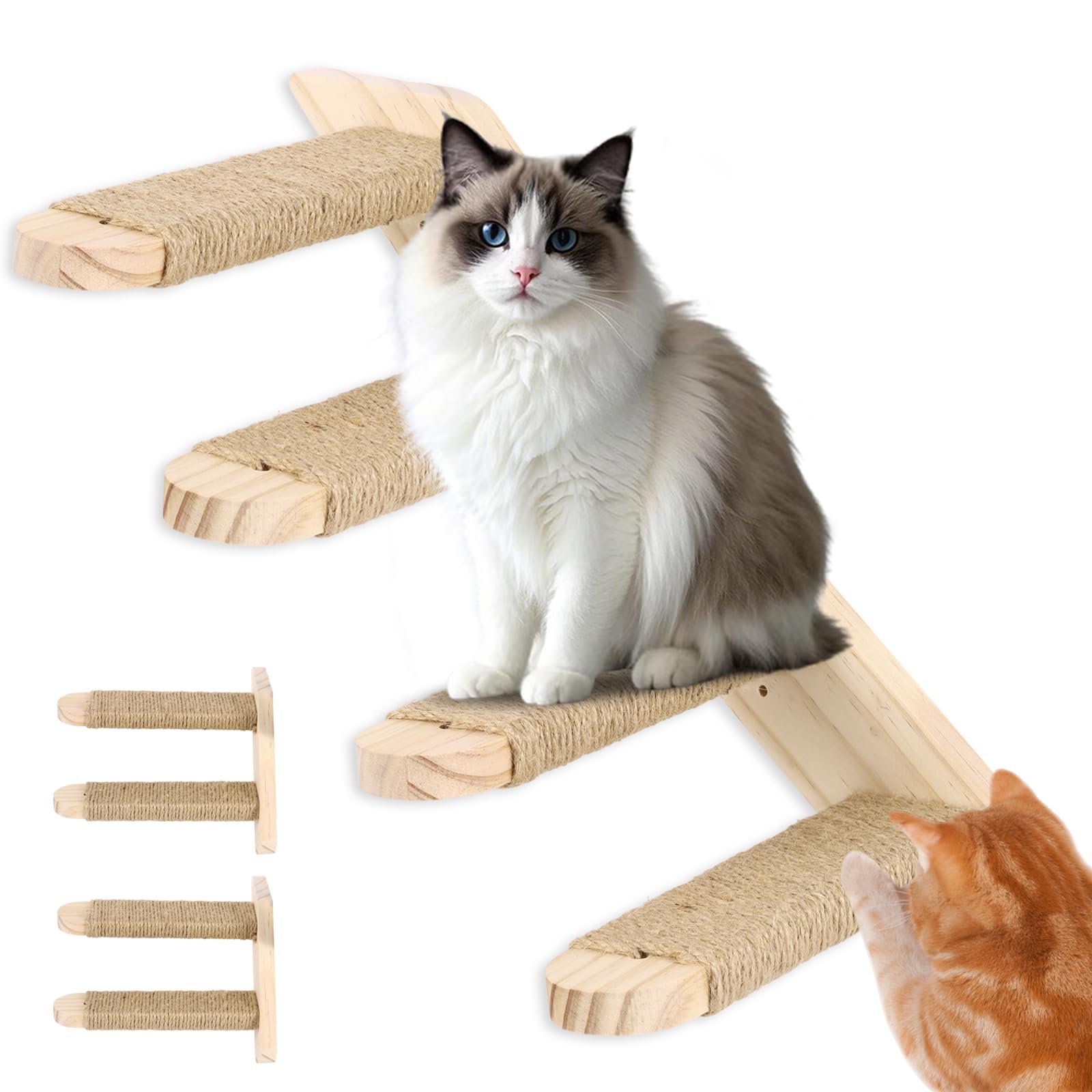 Katzentreppe Wandliege aus Massivholz, mit Juteseil zum Kratzen, Links nach Rechts, bis 15 kg