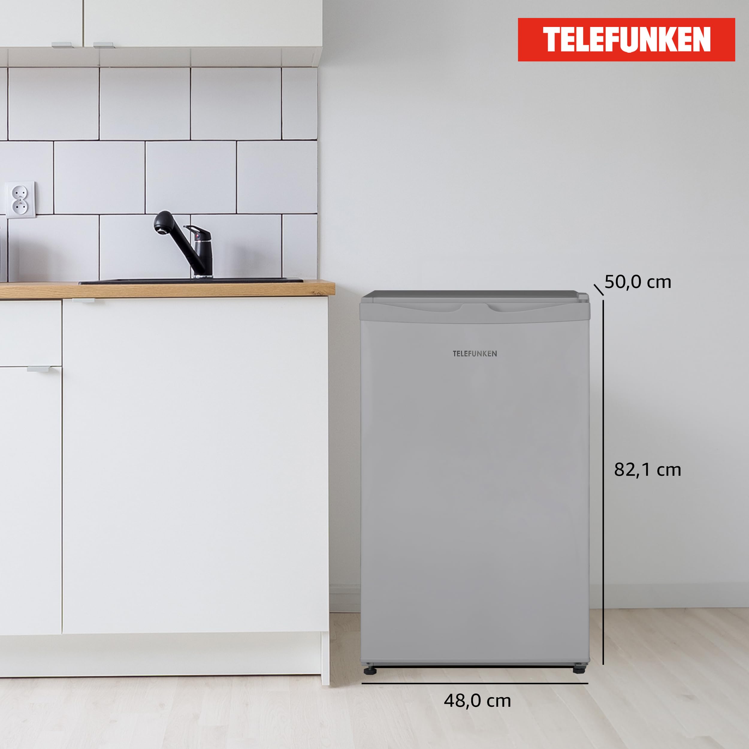 TELEFUNKEN Kühlschrank mit Gefrierfach (nur für Eiswürfel) | Freistehend | 89 Liter Nutzinhalt | Kühlschrank klein mit Gemüsefach | LED-Beleuchtung | Türanschlag wechselbar | CF-33-101-S2 silber
