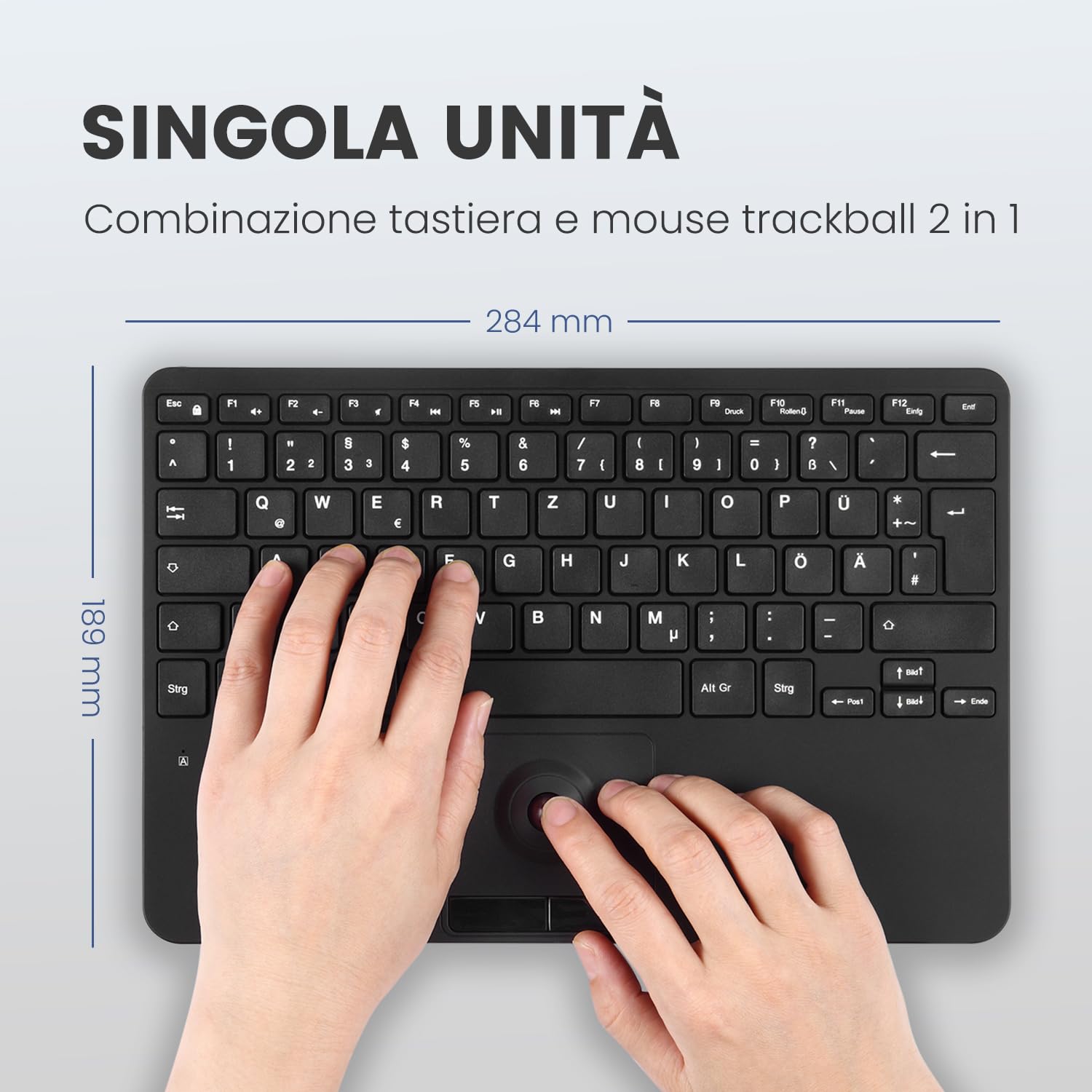 Perixx PERIBOARD-526 IT, Tastiera Mini USB Cabalata con Trackball - Tasti a Forbice X Type - 11.18x7.17x1.1 Pollici - 2 Hub USB Integrati - Layout IT Italiano