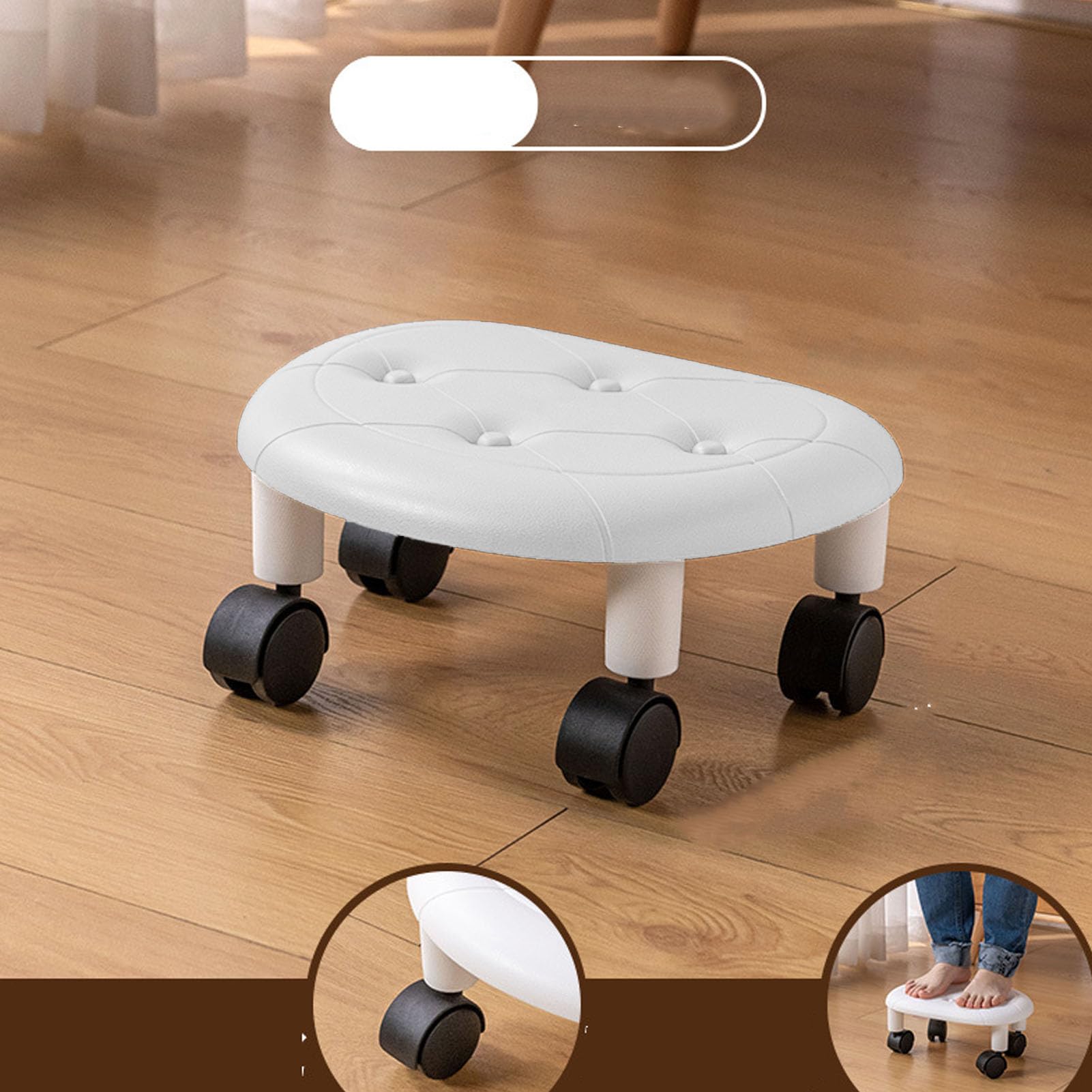 Tabouret Roulant Bas, 33,5 x 15 x 26 cm, Siège Flexible Rotatif à 360 avec roulettes, Universel Mobile, Siège Rond pour la Maison, Chambre de Bébé, Bureau (Blanc)
