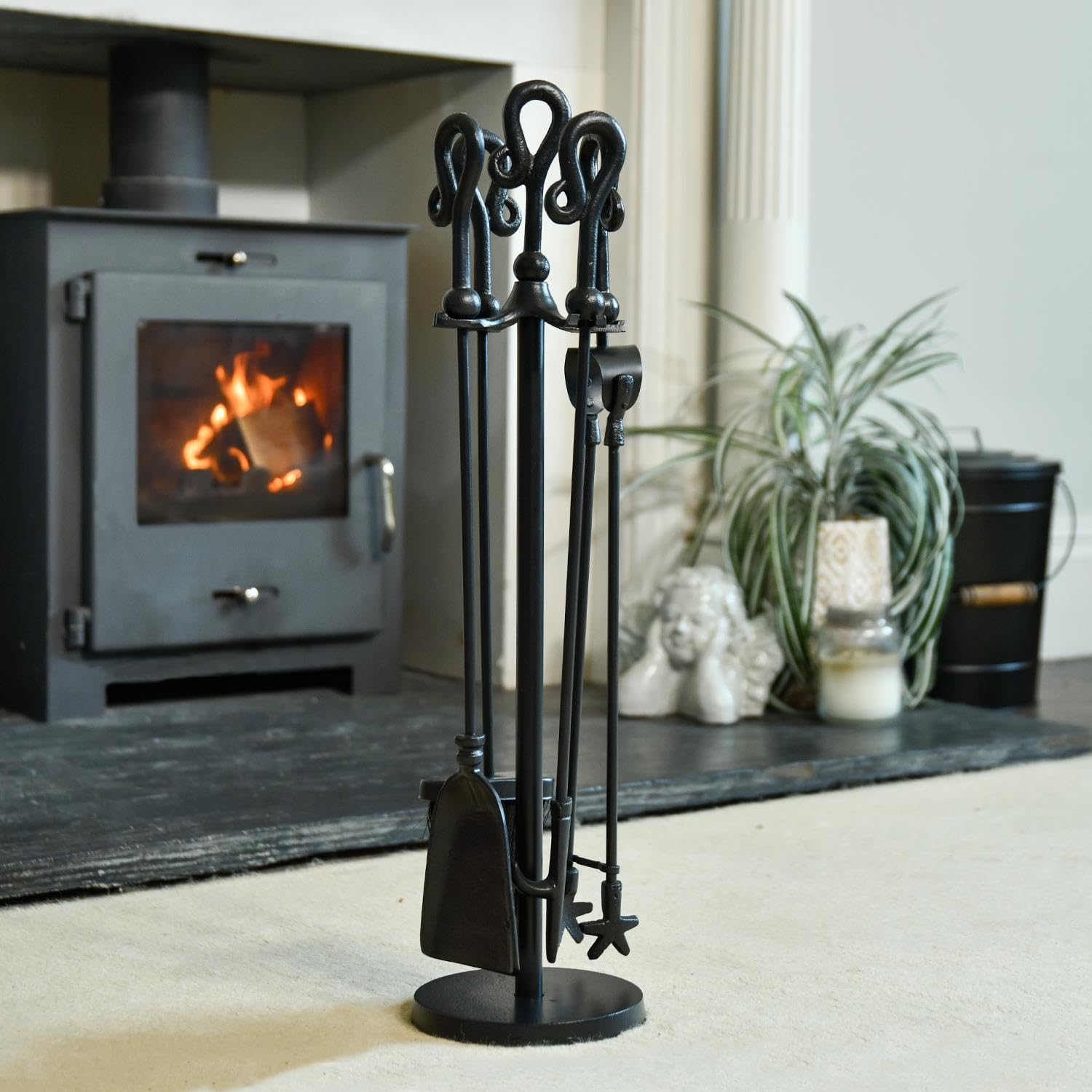 "Malvern" Iron 61cm Fireplace Accessories Companion Set - Fireside Tools with Poker, Tongs, Brush - Elegant and Functional Fireside Companion Set for Fire Log Burner