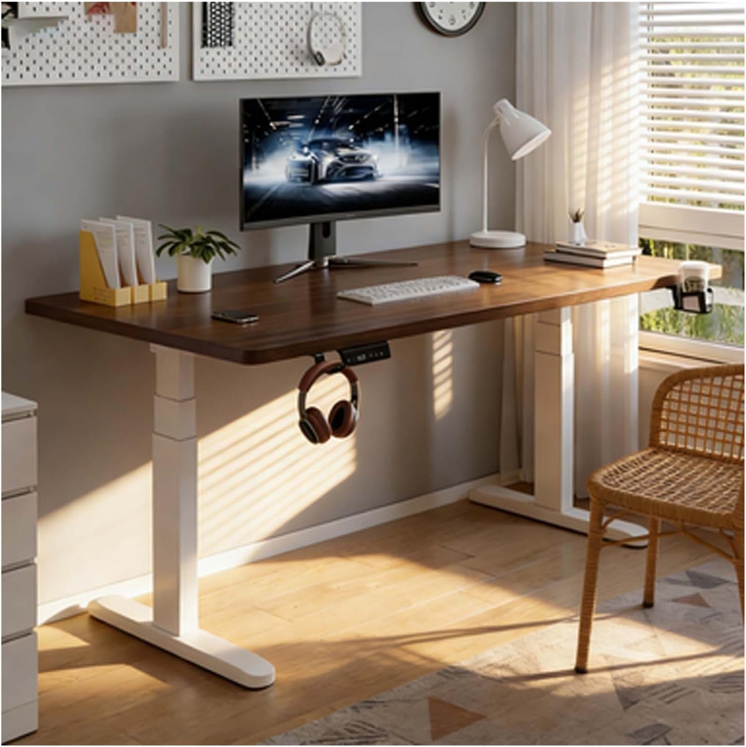Electric Adjustable Computer Desk & Standing Desks | 3 Memory Presets Desk w/Headphone Hook, Cup Holder for Home & Gaming(D,27.56 * 55.12in)