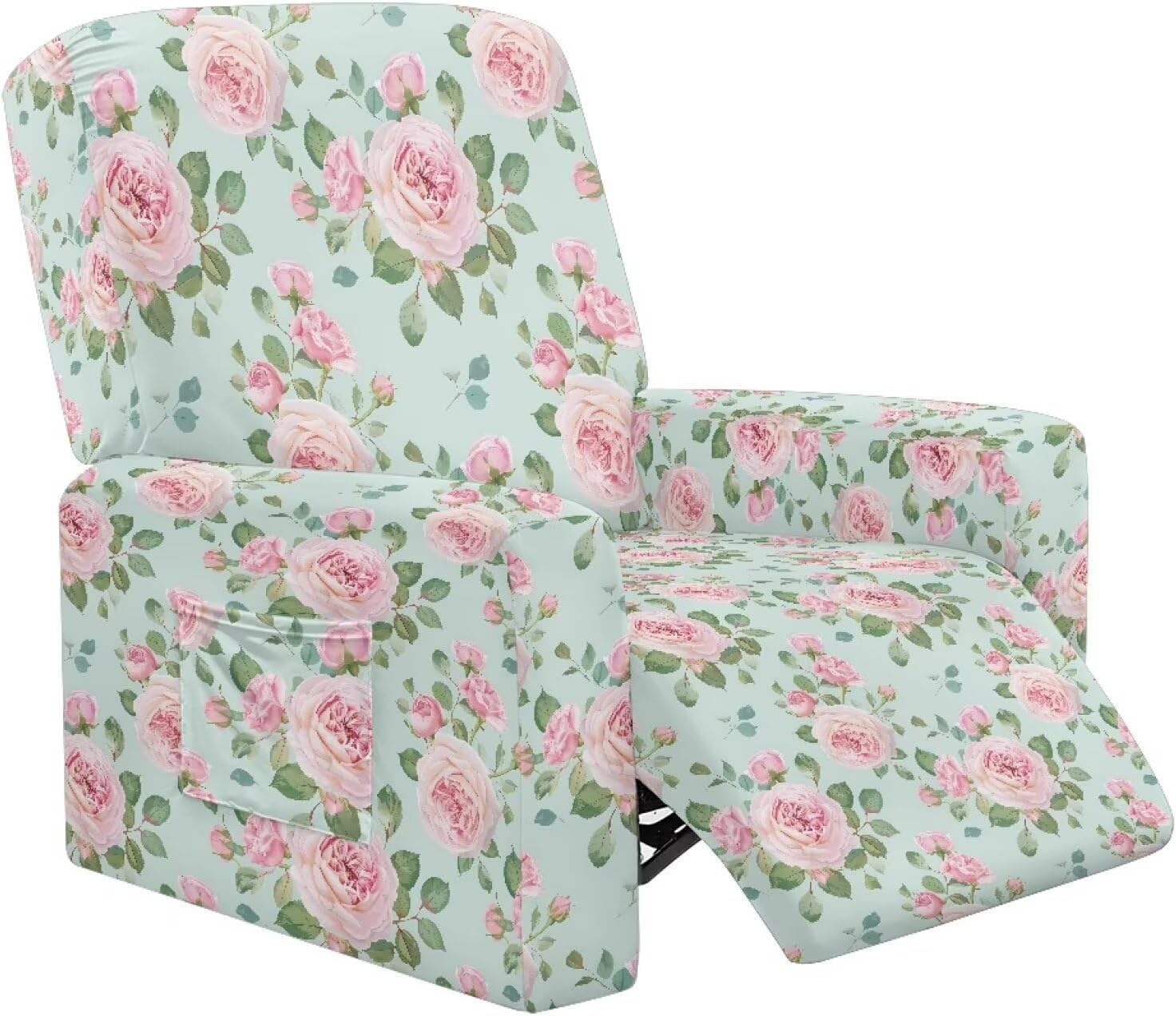 Rose Flower Recliner Slipcovers Stretch Recliner Chair Cover 4-Pieces Chair Covers Non Slip Reclining Furniture Protector Couch Cover 1 Seat Sofa Recliner Protector