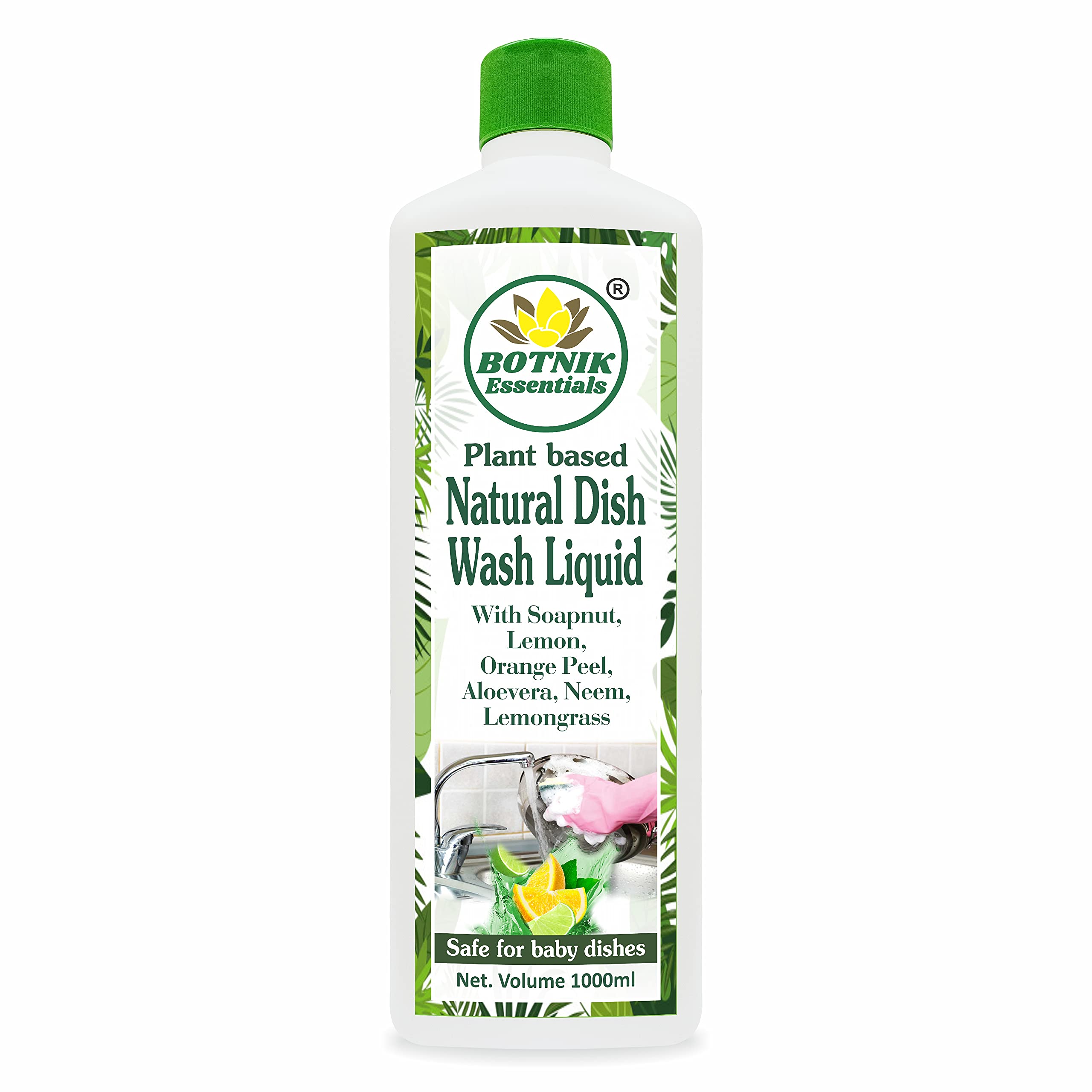 BOTNIK ESSENTIALS Plant Based Natural Dish Wash Liquid, with Soapnut, Lemon Oil, Lemongrass Oil- 1 L