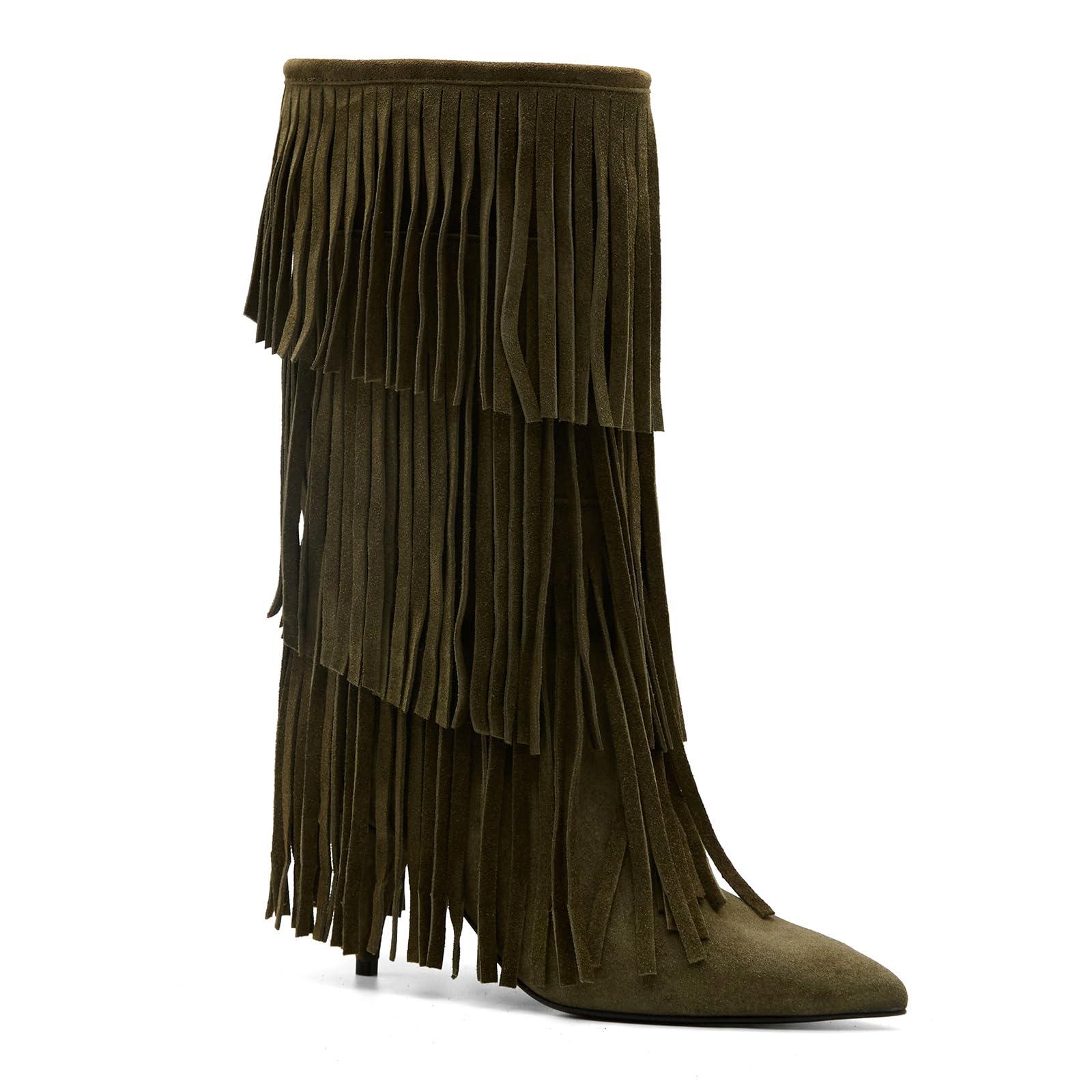 MAVMAX Fringe Knee High Cowgirl Boots Suede Tassel Kitten Heel Boots Western Pointed Toe Boot for Women