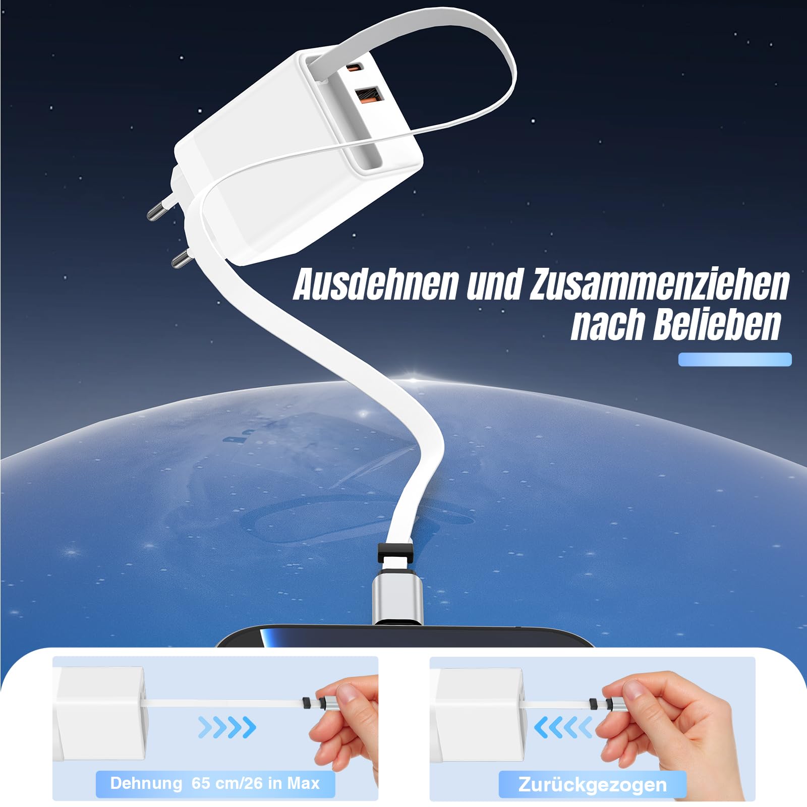65W USB C Ladegerät Mit Einziehbarem Kabel - Schnellladung Für Unterwegs