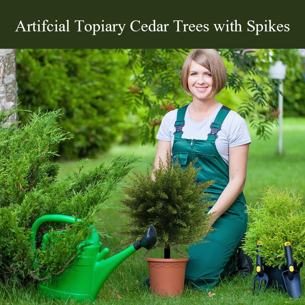 Artificial Cedar Topiary Ball Trees for Outdoors, 24" UV Resistant Lifelike Faux Cypress Plants with Ground Spike, Large Fake Evergreen Shrubs Bushes for Porch Front Garden Home Decor (1 Pack)