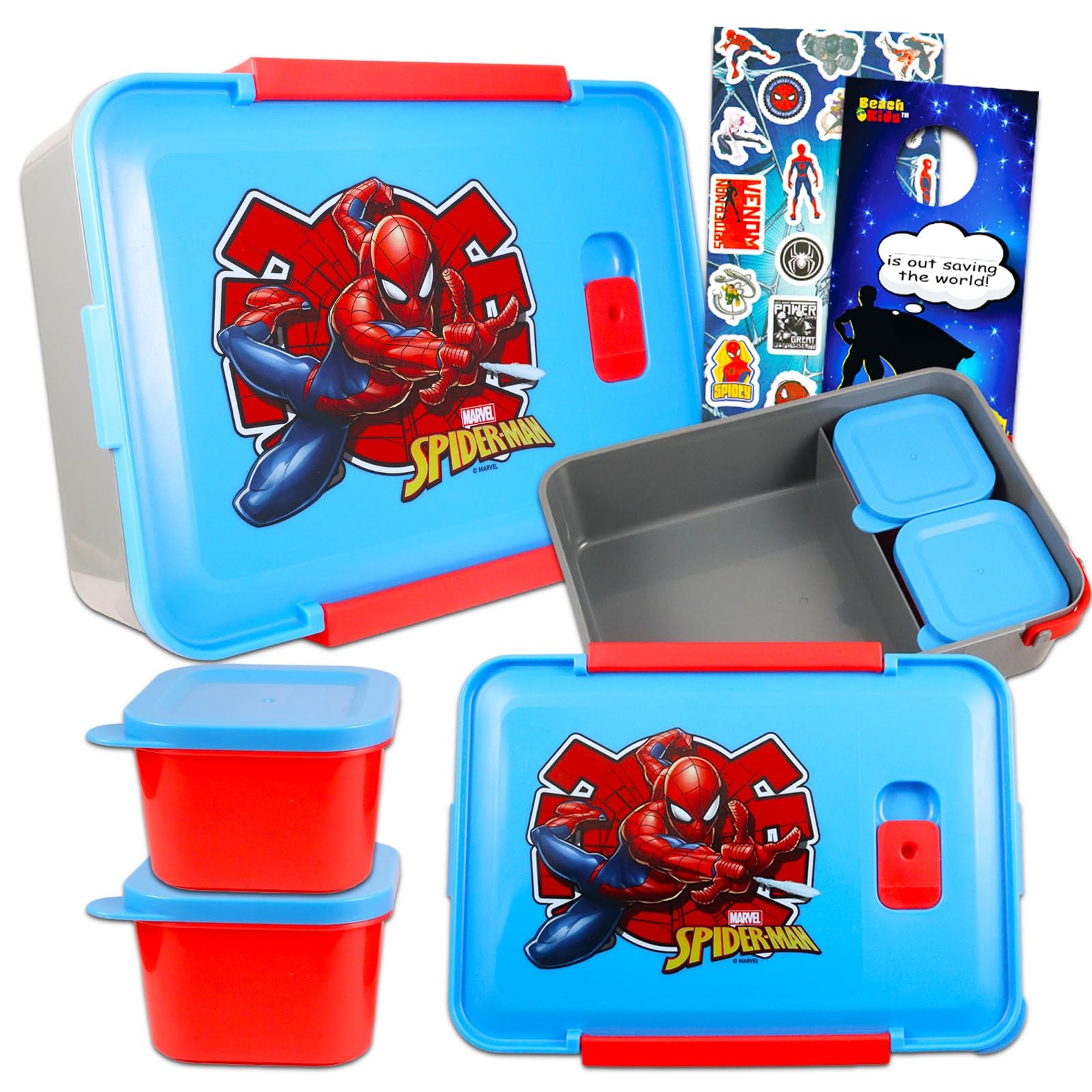 Spiderman Lunch Box for Boys - Bundle with 2 Spiderman Bento Lunch Boxes with Mini Containers Plus Stickers, More | Spiderman Lunch Box Containers Set