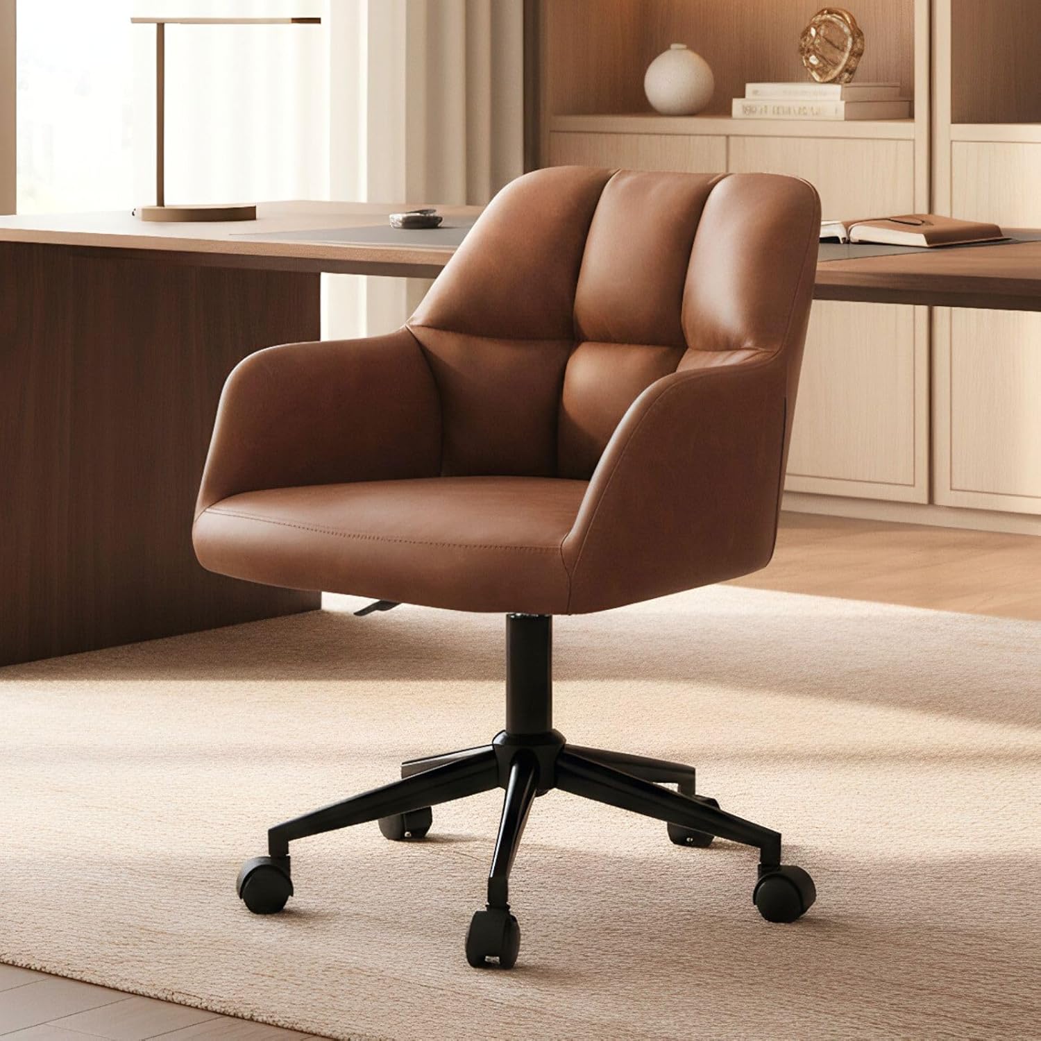 HNY Modern PU Leather Office Desk Chair, Height Adjustable Comfy Swivel Vanity Make up Chair with Wheels for Living Room Home Office Computer, Brown