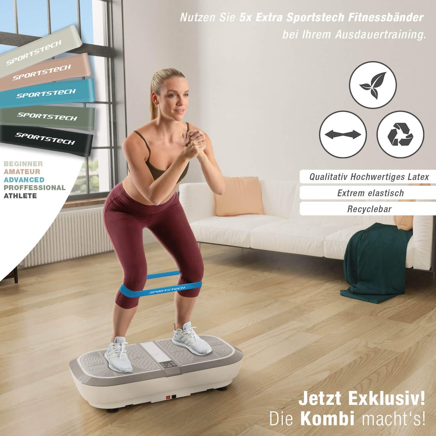 Woman performing squats on the Sportstech VP300 using a resistance band around her thighs