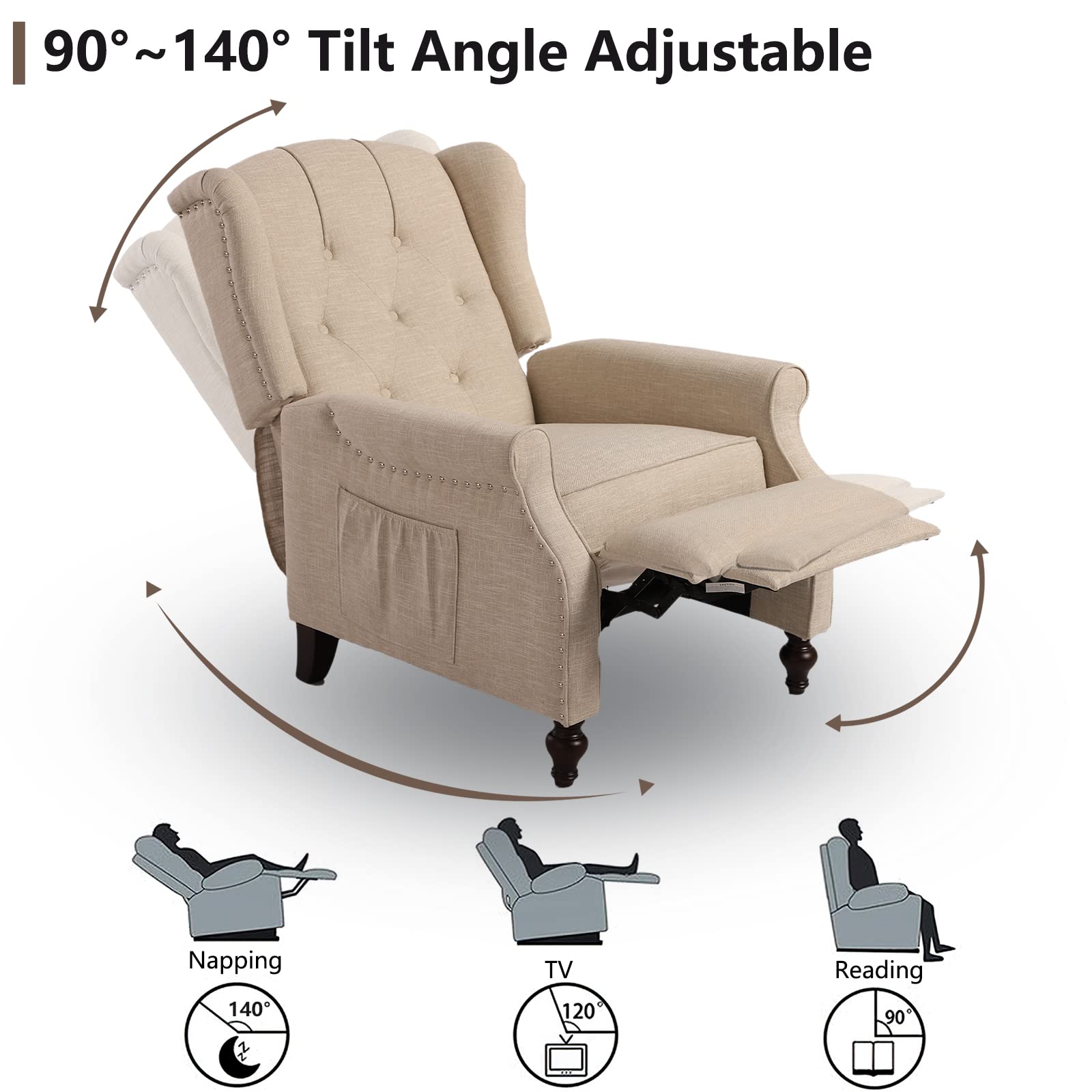 Wingback Recliner Chair with Massage and Heat Tufted Fabric Push Back Arm Chair for Living Room Vintage Recliner Chair with Remote Control, Padded Cushion, Backrest, Wooden Legs
