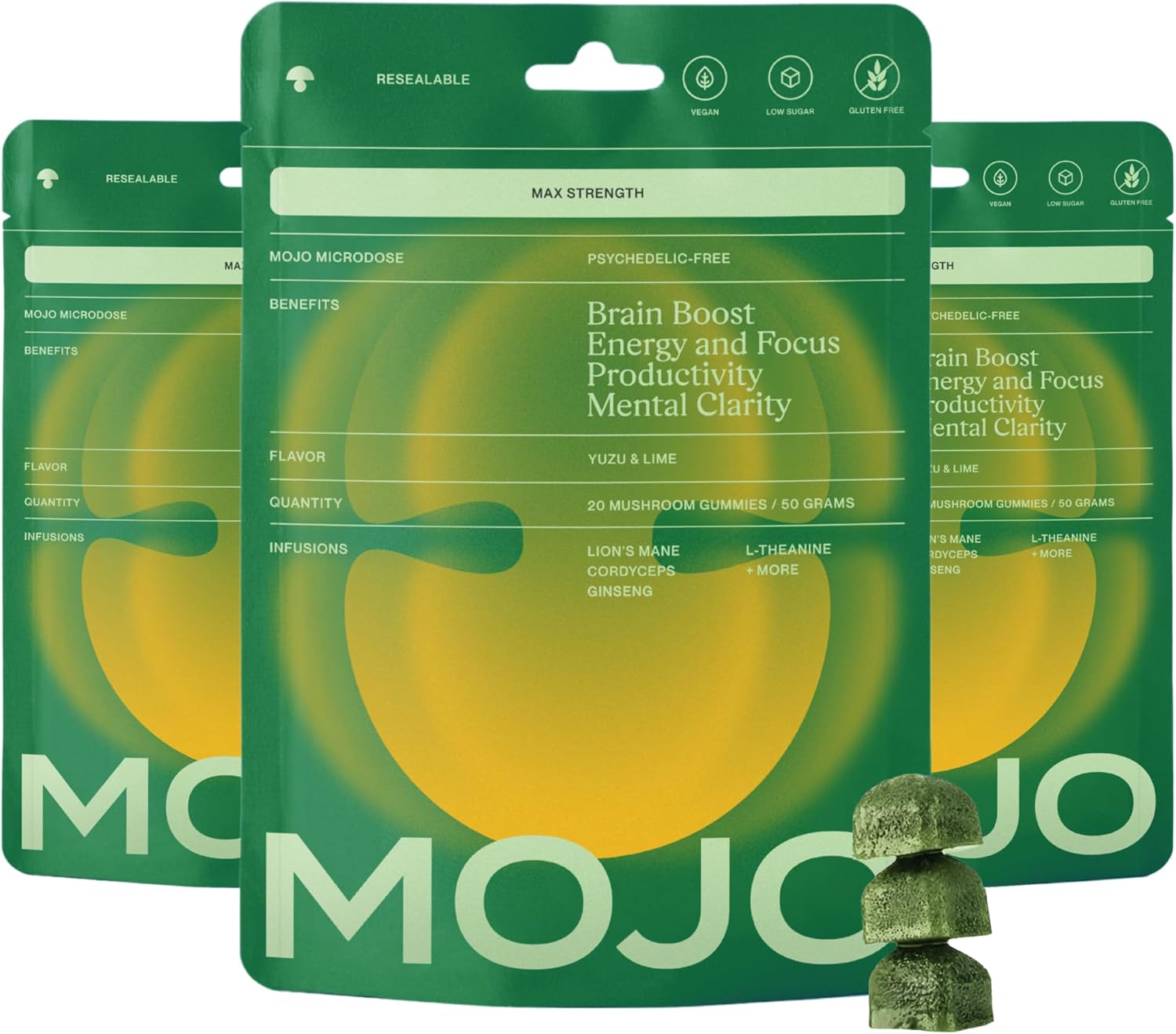 Mojo Extra Strength Focus Gummies with Lion’s Mane, Cordyceps, Ginseng & L-Theanine - Mushroom Gummies Brain Supplement for Adults, Memory/Energy Support, Focus Fuel, Yuzu Lime (2 Pack)