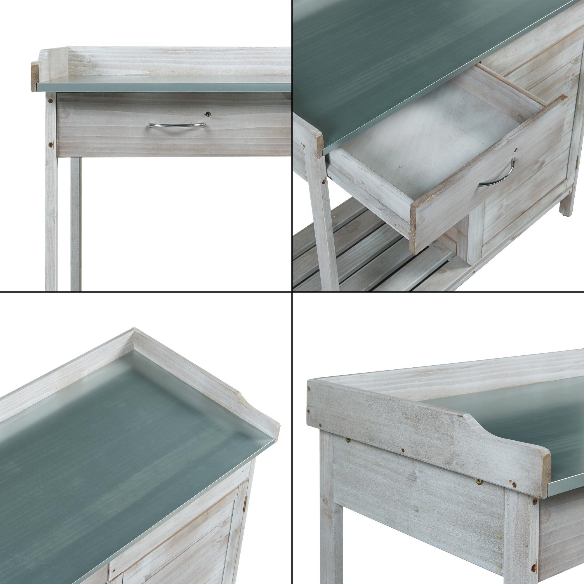 casa.pro Mesa de Jardinería Aliano con 2 Compartimentos Cerrados 1 Cajón Extraíble Mesa Auxiliar Jardín para Plantación Mesa de Cultivo Madera de Abeto Acero 98x48x94 cm - Gris