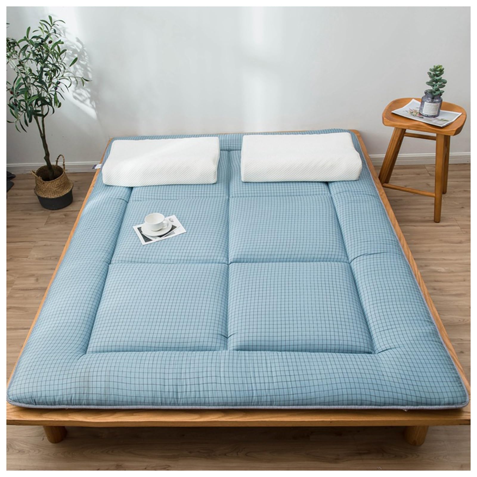 Materasso da pavimento giapponese a quadri, futon in cotone pieghevole e lavabile, spesso arrotolabile, tatami, letto per gli ospiti, comodo materasso da terra per salotto da campeggio (blu, 120 x 200