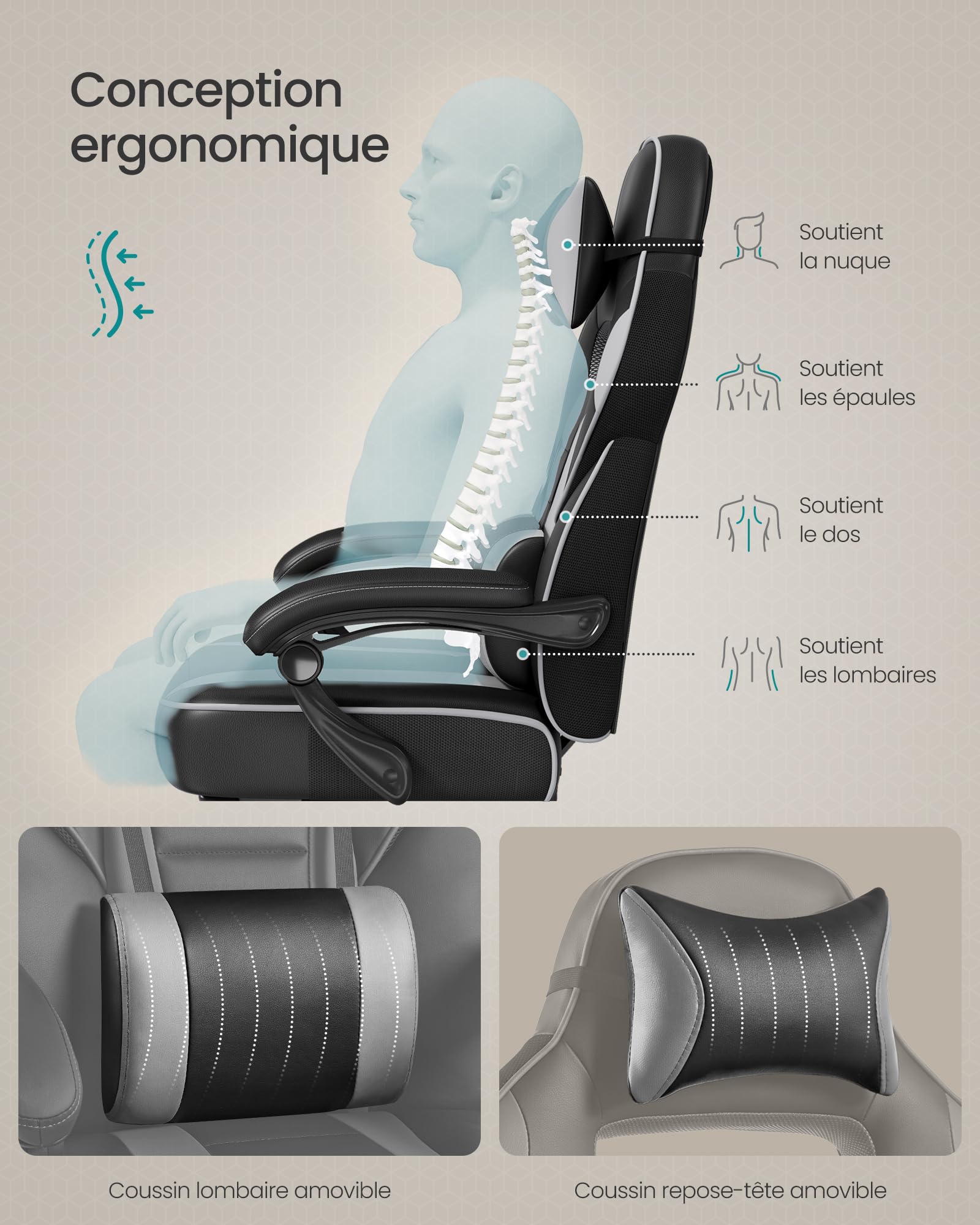 SONGMICS Fauteuil de Bureau, Chaise Gaming, RÉglable, Repose-pieds TÉlescopique, MÉcanisme À Bascule, Appui-tÊte, Support Lombaire, Charge 150 kg, Noir d'Encre et Gris Tourterelle OBG073B03