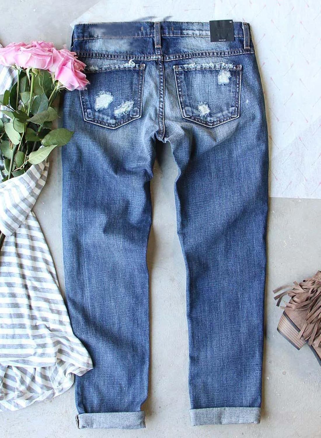 Astylish Womens Plaid Patch Ripped Boyfriend Distressed Stretch Skinny Denim Jeans - Image 3