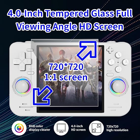 RF40H Retro Handheld Game Console, 4.0 Inch 720x720 IPS Screen, Built-in 18,000+ Classic Game, Portable Hand Held Open Source Linux System, 4000mAh Battery Retro Gaming Console (Black 64GB) (Bule)