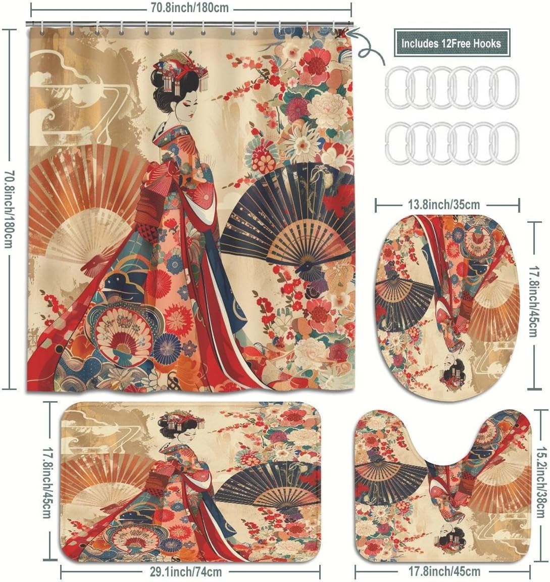Japanese Geisha Bathroom Set, 4-Piece with Shower Curtain 71x71, Bath Mat, Contour Rug, Toilet Lid Cover, Vintage Floral Design