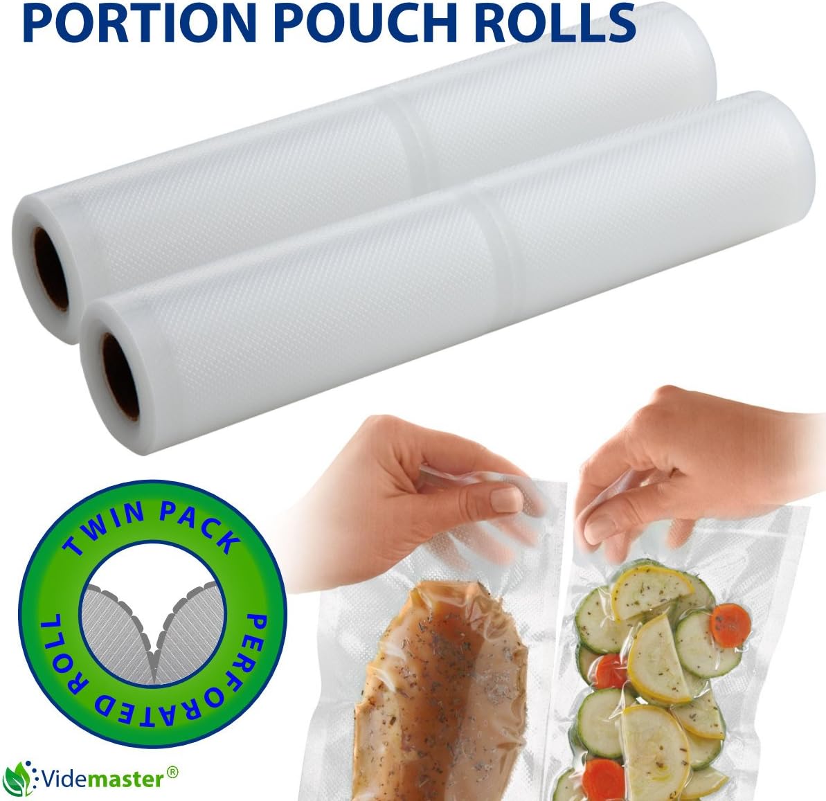 2 Vacuum Food Sealer Perforated Portion Pouch Rolls 28cm x 5m | BPA Free Storage Freezer Food Saver Roll Bags | Sous Vide Compatible
