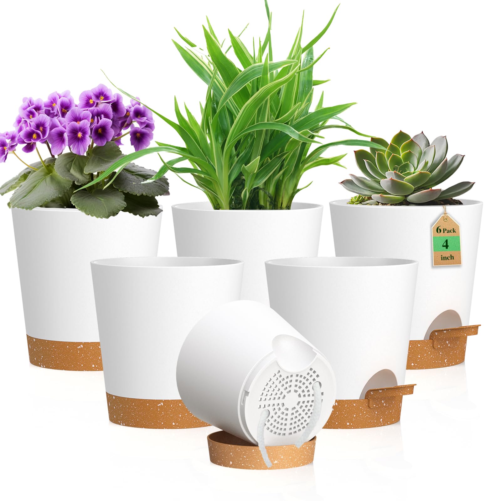 WSMKSZ 4 inch Self Watering Pots for Indoor Outdoor Plants, 6 Pack Plastic Flower Planters with Drainage Holes and Removable Saucers, Plant Pots with