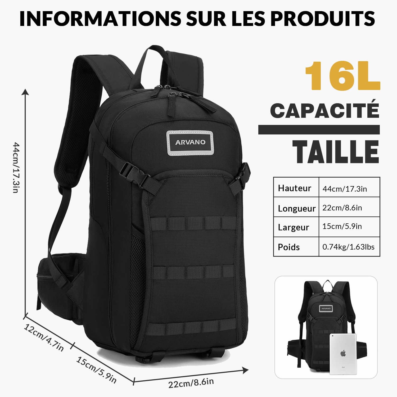 Sac à Dos Velo, Petit Sac à Dos de Randonnée pour Homme Femme, Sac 16L pour Ski Cycliste Vtt Snowboard Moto