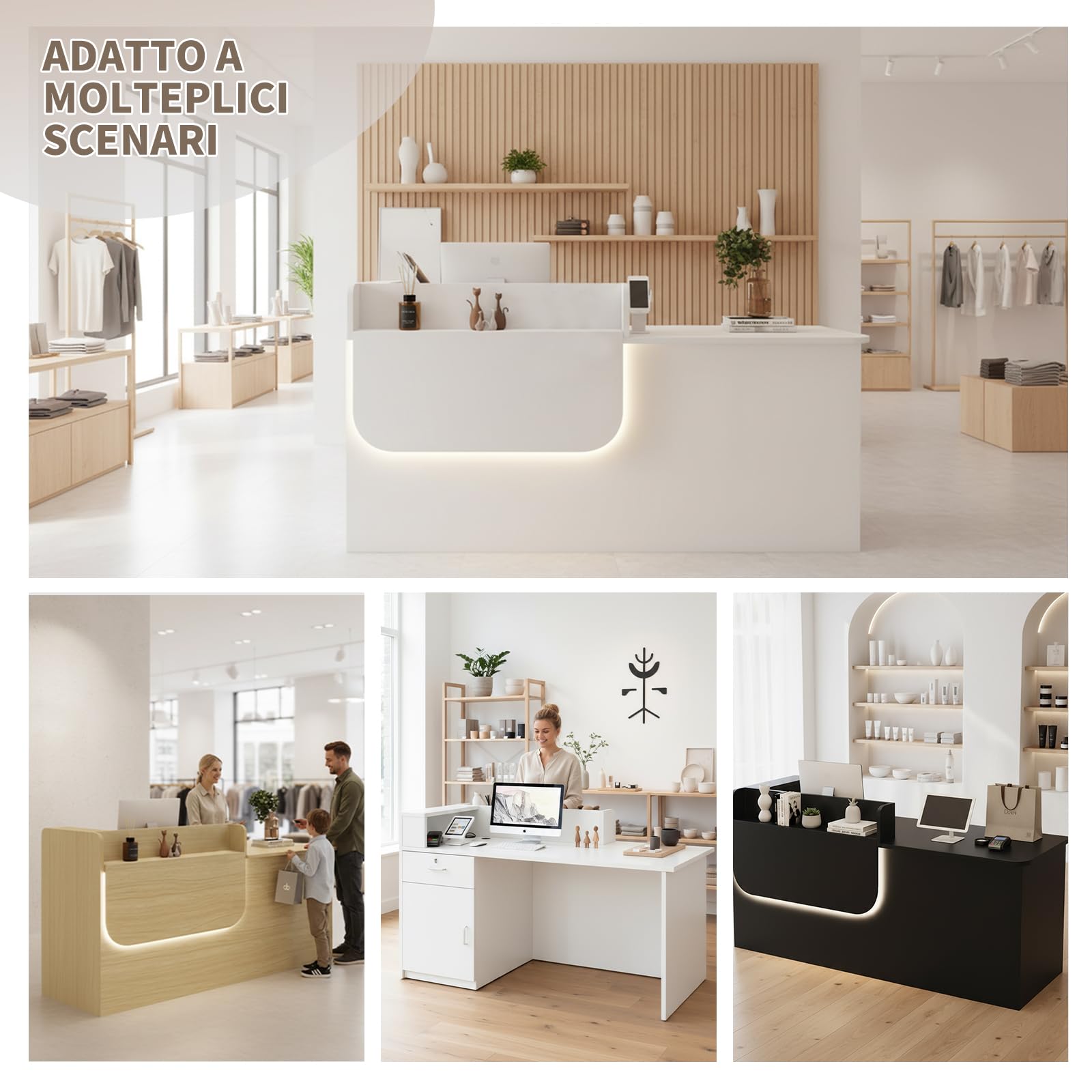 Bancone Reception in Legno Massello con Cassetto e Mobiletto Chiudibili a Chiave, Ampio Spazio di Archiviazione, Lunghezza 100–240 cm, Ideale per Ufficio, Salone, Hall e Negozio