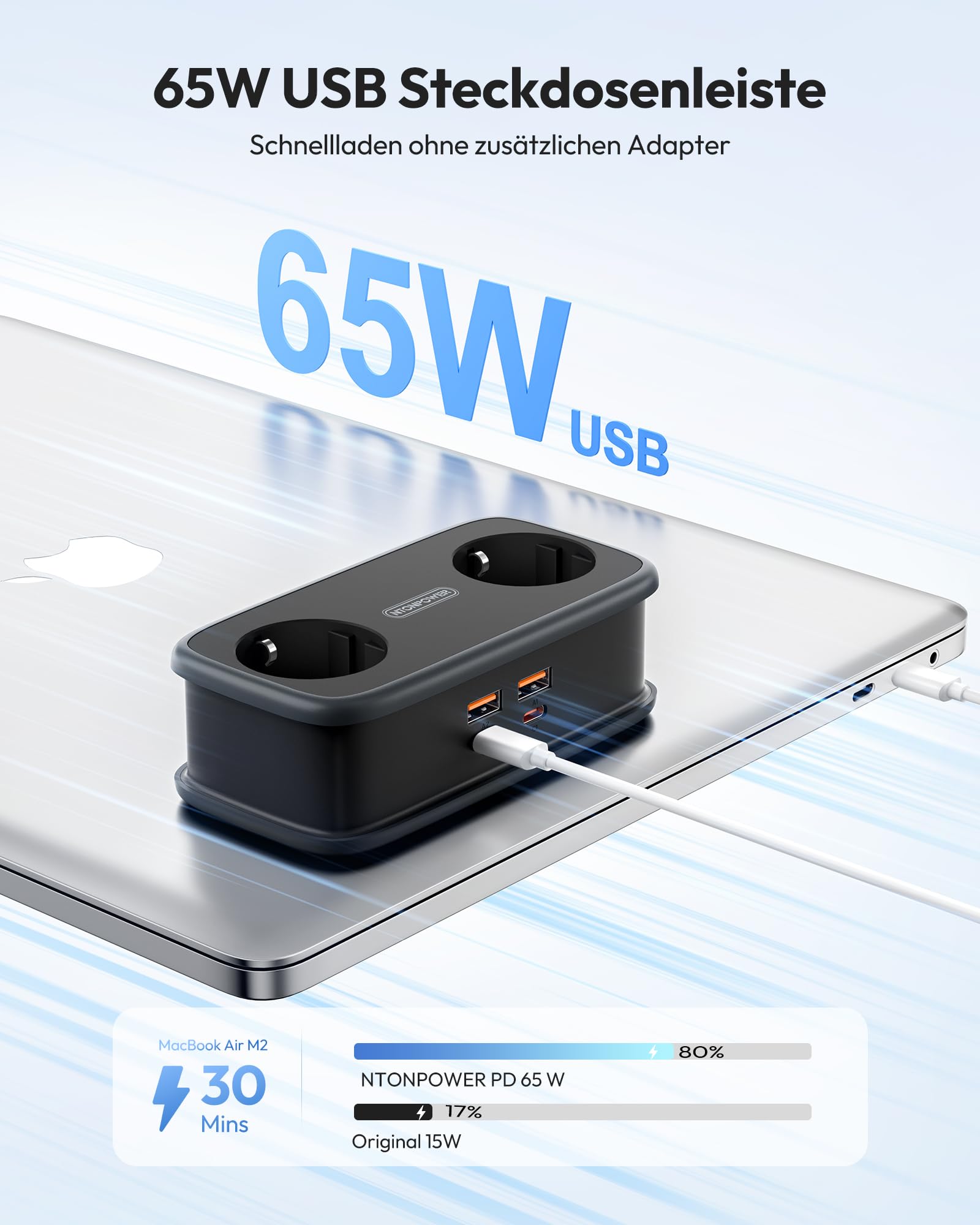 NTONPOWER 2 Fach Steckdosenleiste mit USB-C 65W PD, Flachstecker Mehrfachsteckdose USB Schnellladen für Reise, Zuhause, Büro, 2500 Watt Verteilersteckdose 1,5 Meter, Schwarz