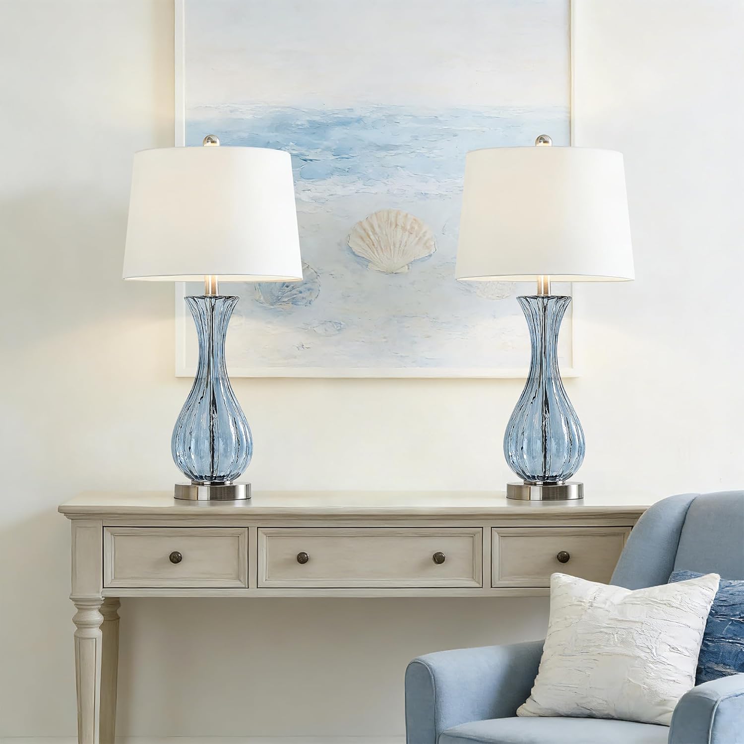 Maxax 25.5" Blue Table Lamps Set of 2 for Living Room, Coastal Glass Bedside Lamp with White Shade, Modern Bedroom Nightstand Lamps End Table Lamp for Office Entryway House Decor
