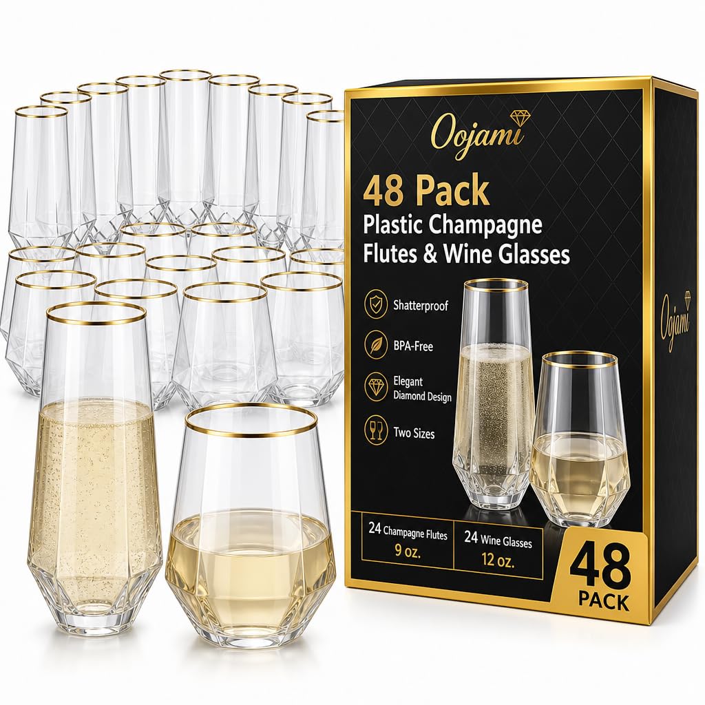 Oojami 48 Pack Plastic Champagne Flutes and Wine Glasses, Diamond Gold Rim