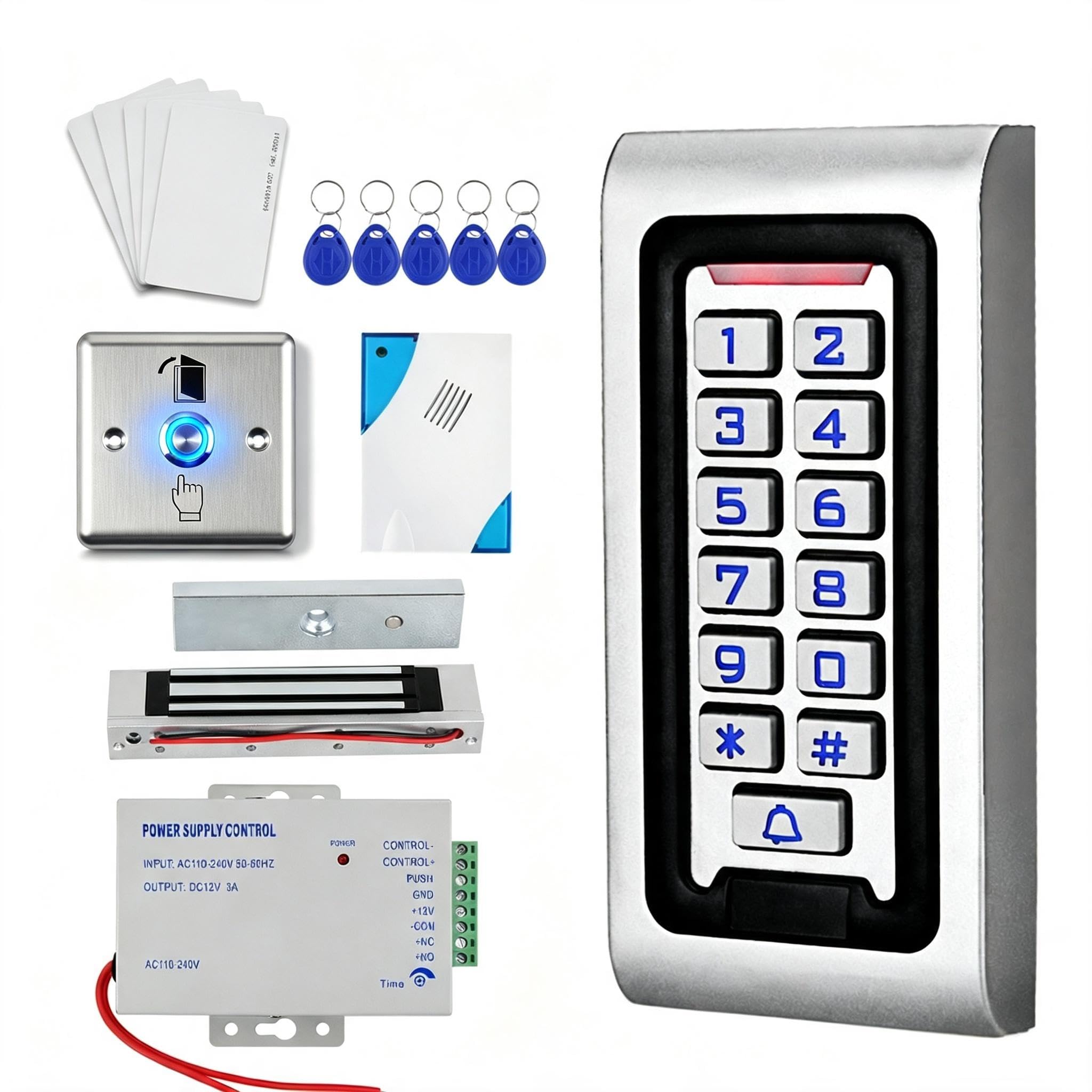 Kit de contrôle d'accès avec serrure magnétique de 180 kg | Métal, IP68, 2000 utilisateurs, alimentation, serrure magnétique, interrupteur en acier inoxydable, sonnette