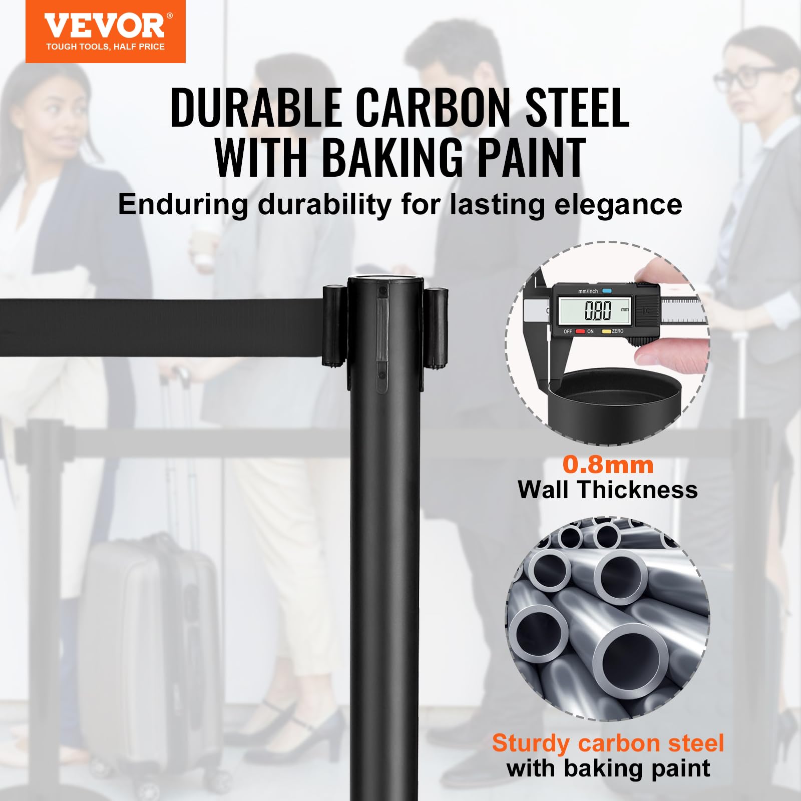 VEVOR Personenleitsystem Absperrband Absperrständer 2-teilig, 3,3 m x 48 mm Schwarzer Einziehbarer Gürtel, Personenleitsystem Absperrpfosten Geeignet für Flughäfen, Messen, Wettkampforte usw.
