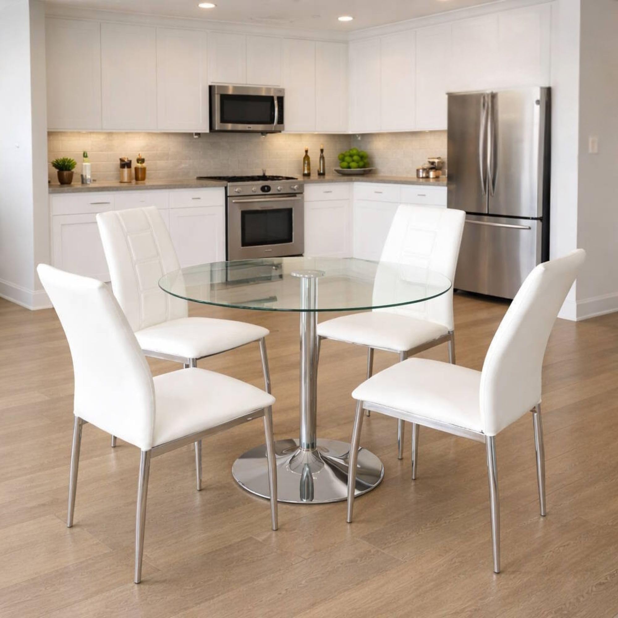 Mesa de Comedor Redonda de Cristal Templado 90 cm con Pata Central metálica cromada