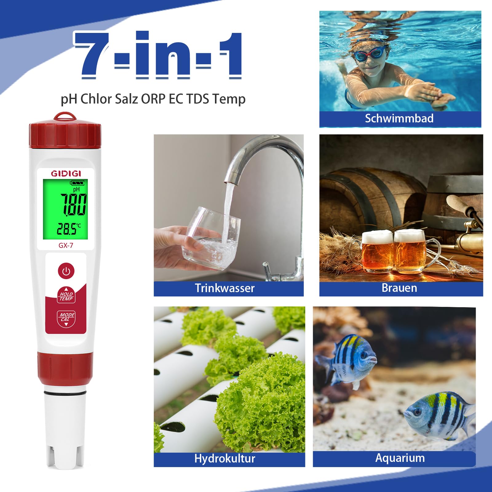 Digitales Pool Wasser Messgerät Set 7-in-1 pH-Meter & Chlortester mit Salzgehalt/TDS/EC/Temperatursensor für Pool, Spa, Aquarium, Hydrokultur & Trinkwasser
