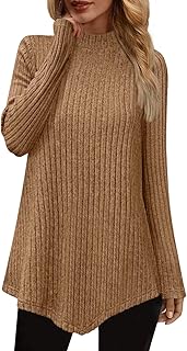 JUSTFASHIONNOW Camisetas tipo túnica de otoño para mujer, camisetas de manga larga para mujer, suéteres ligeros de cuello alto, dobladillo asimétrico