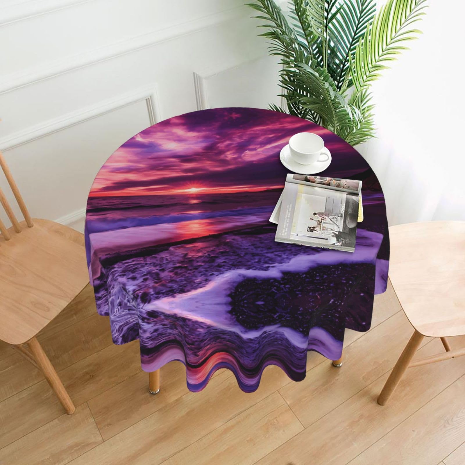 YYHWHJDE Pink Beach Sunset Prints Round Decorative Tablecloth 60in – Elevate Your Dining Space with this Elegant Throw for Everyday Charm & Special Occasions