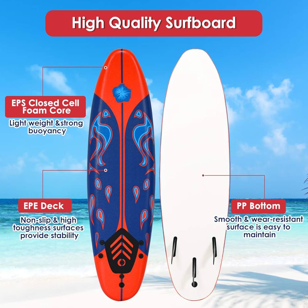 Three Weather performer6'6 46L EPS フィン付き 6ft Surfing Body Board w/ 3 Removable Fins Safety Leash
