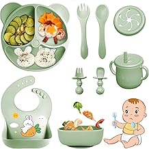 Bizcasa Baby Feeding Set, 9 Pieces, Baby Weaning Feeding Set, Silicone, BPA-Free, Non-Slip Feeding Set with Suction Cup Plate Bowl Bib (Dark Green)