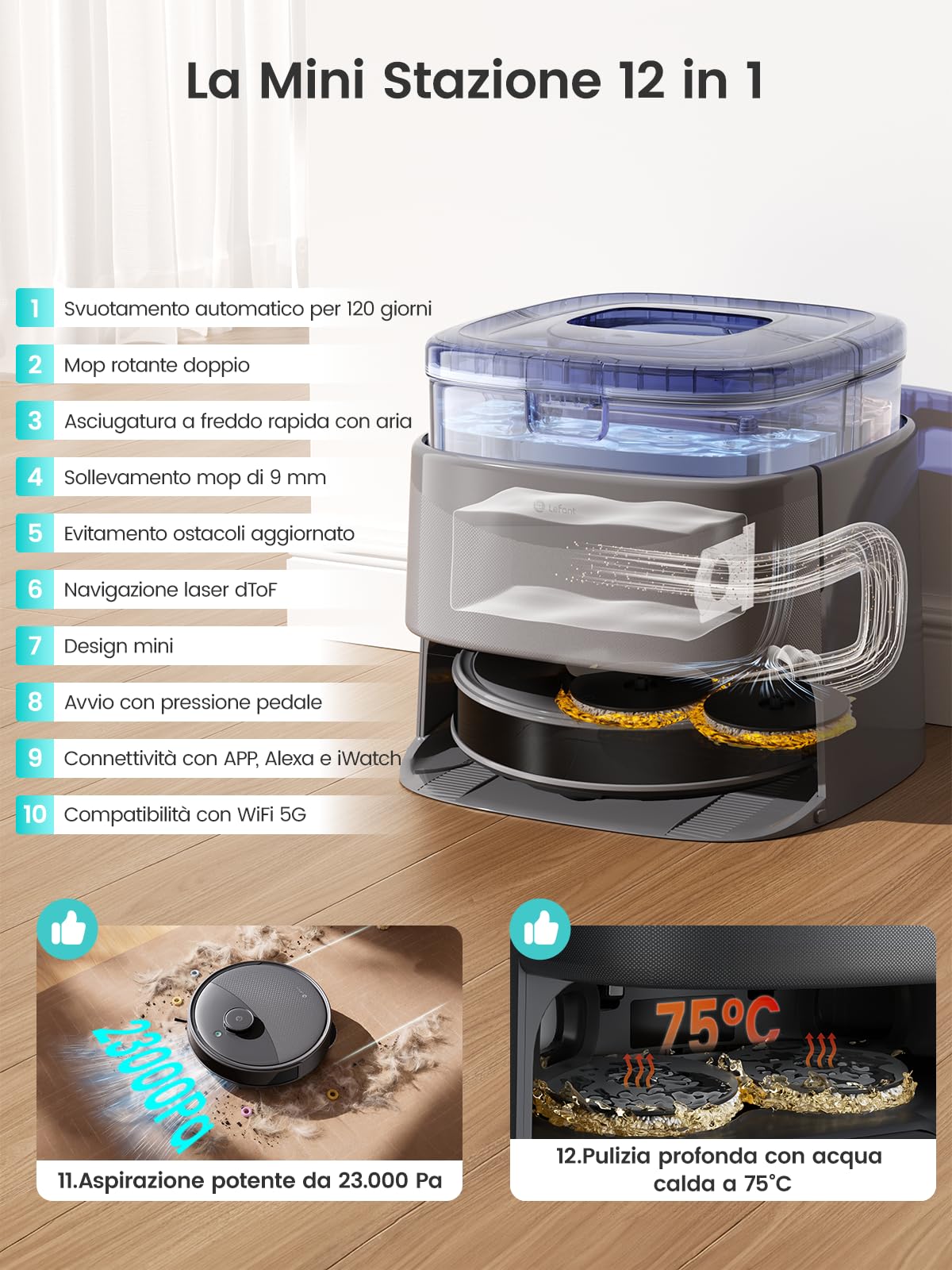 LEFANT M3 Ultra Robot Aspirapolvere Lavapavimenti con Mappatura, 23000Pa, Laser dToF, Evitamento PSD, Mop Rotanti con Lavaggio a 75°C e Asciugatura, Autosvuotamento 3,2L, WiFi 2.4G/5G, Alexa/App